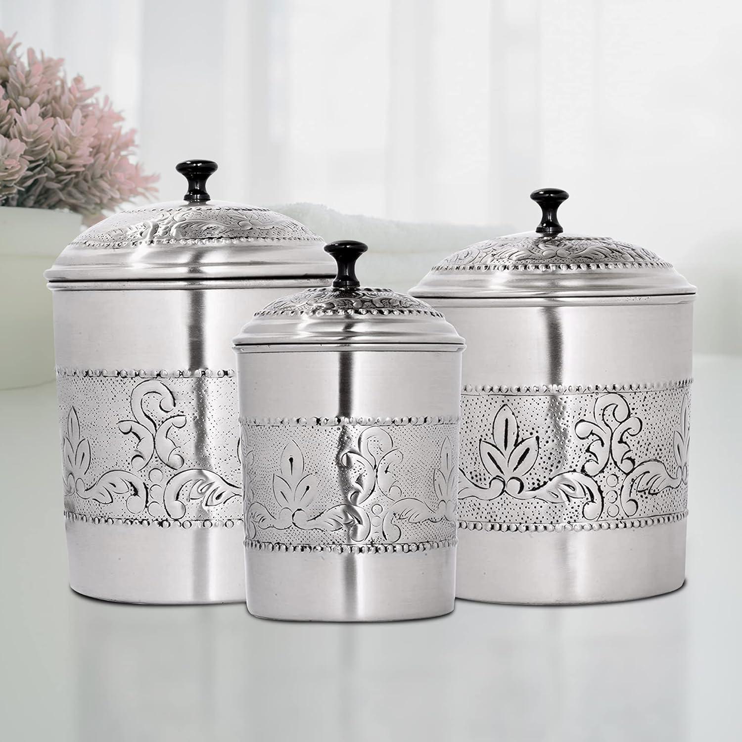 nu steel Antique Pewter Embossed Stainless Steel 3pc Canister Set, Beautiful Food Storage Container for Kitchen Counter, Tea, Sugar, Coffee, Caddy, Flour Canister with Rubber seal lid, TG-411-SET3