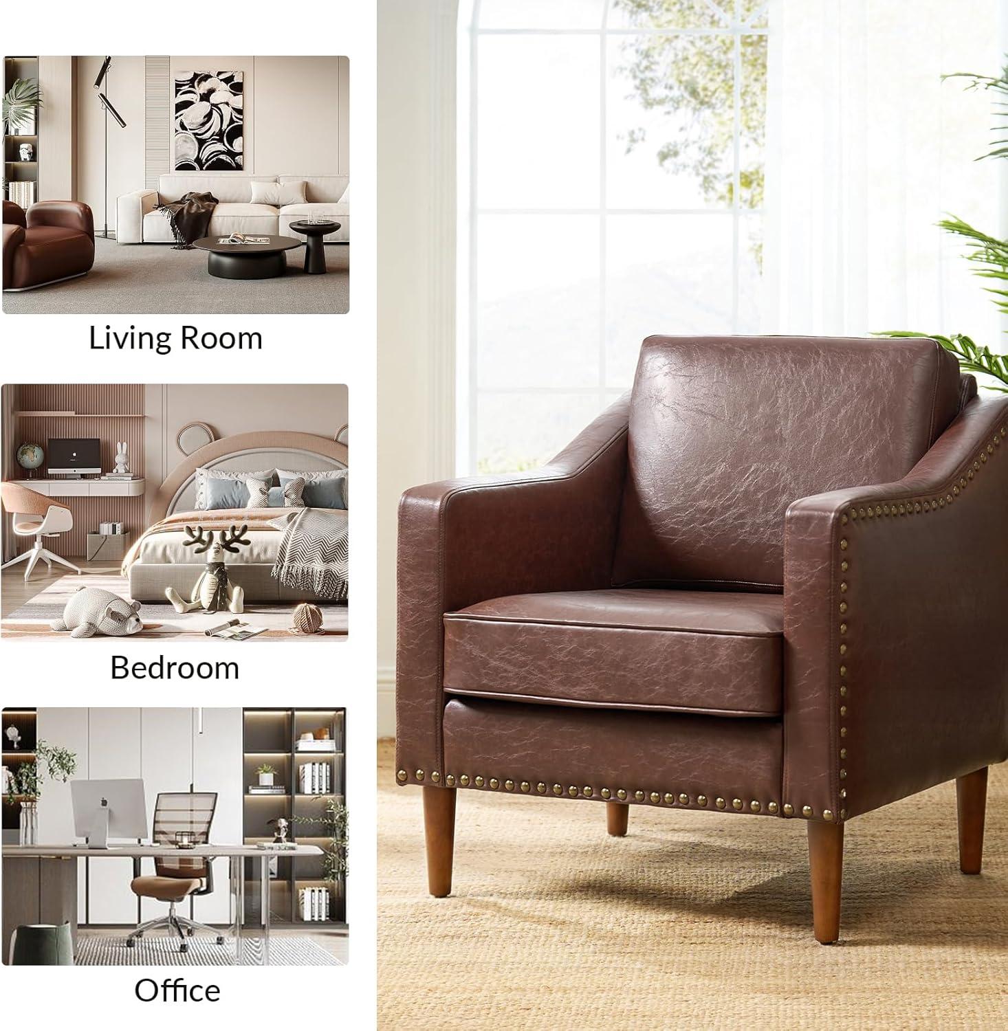 HULALA HOME Faux Leather Accent Armchairs Set of 2 with Back & Seat Cushions, Traditional Club Chairs with Nailhead Trim, Comfy Upholstered Sofa Chairs for Living Room Bedroom, Beige