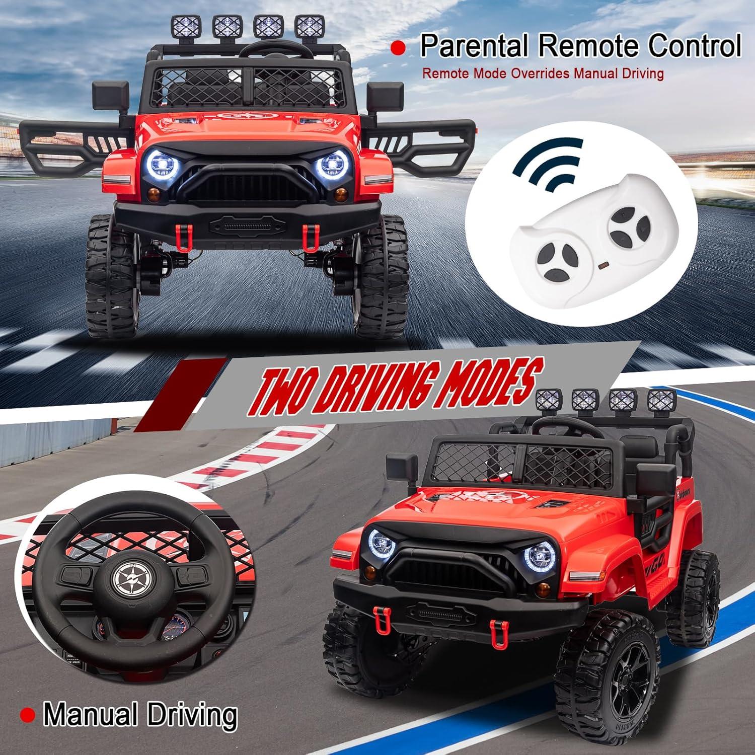 FINITO 24V Kids Ride On Car 2-Seater Jeep 4WD Electric Toy Car 4 Wheels Battery Powered Truck with Remote Control Bluetooth Music Player Gift for Boys Girls Age 3+, Red