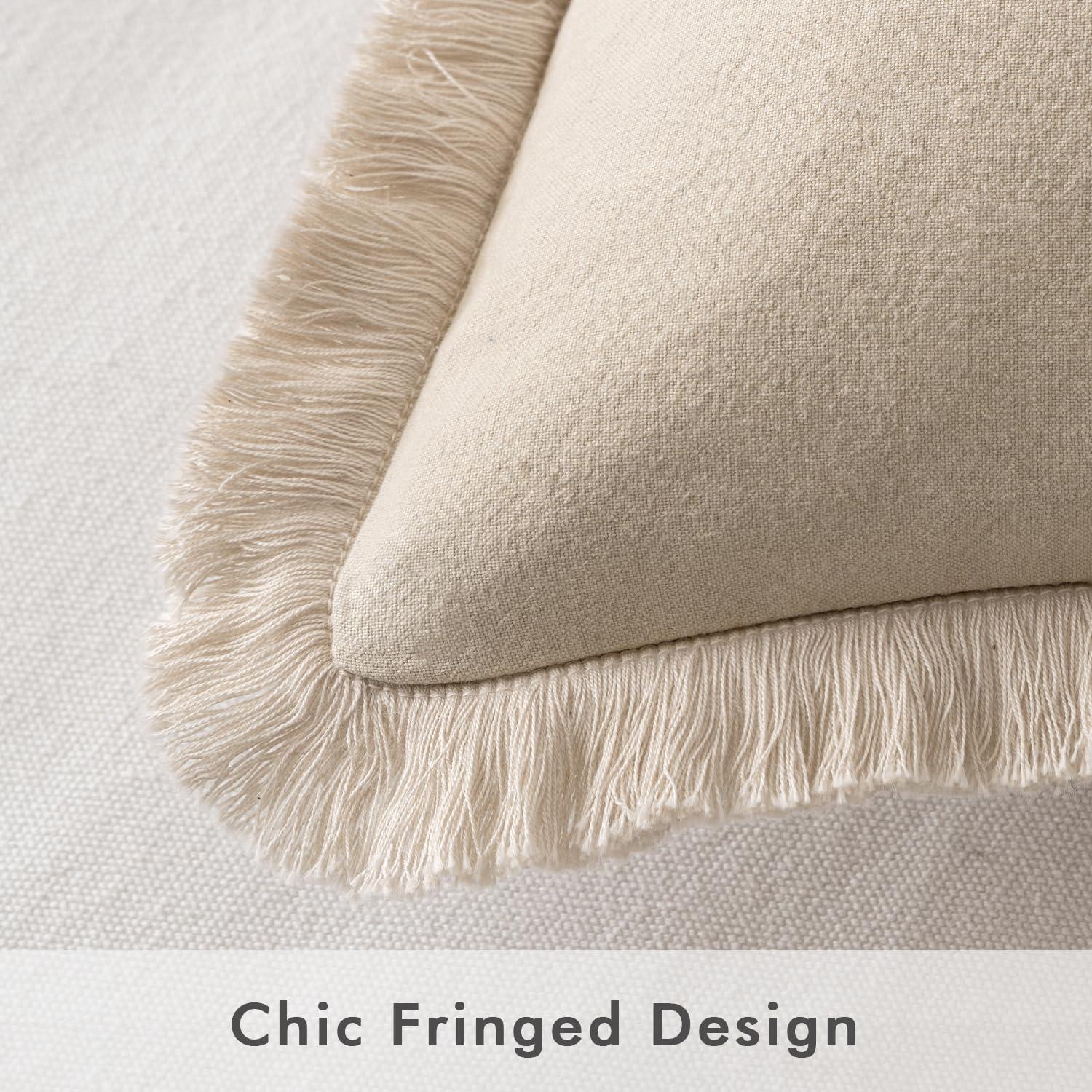 MIULEE Throw Pillow Covers Boho Farmhouse 18x18 Set of 2 Decorative Beige Couch with Fringe Chic Cotton Pillowcases Home Decor Accents for Cushion Soft Bed Living Room