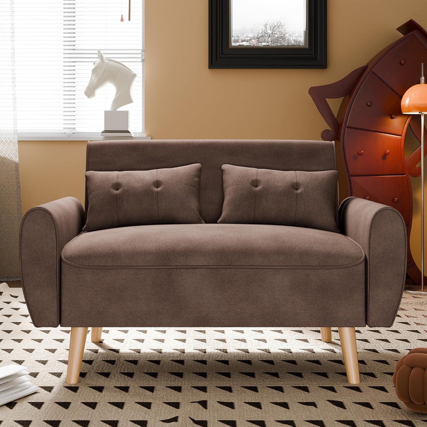 47" Black Tufted Linen Loveseat with Wood Legs