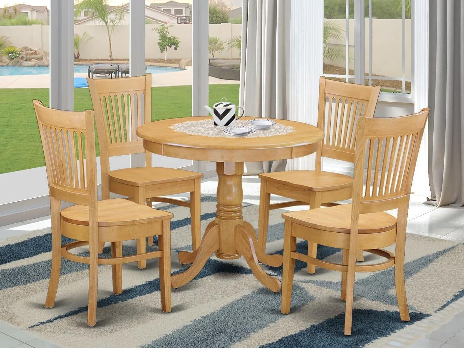 Natural Oak Finish Round Dining Table with 4 High Back Chairs