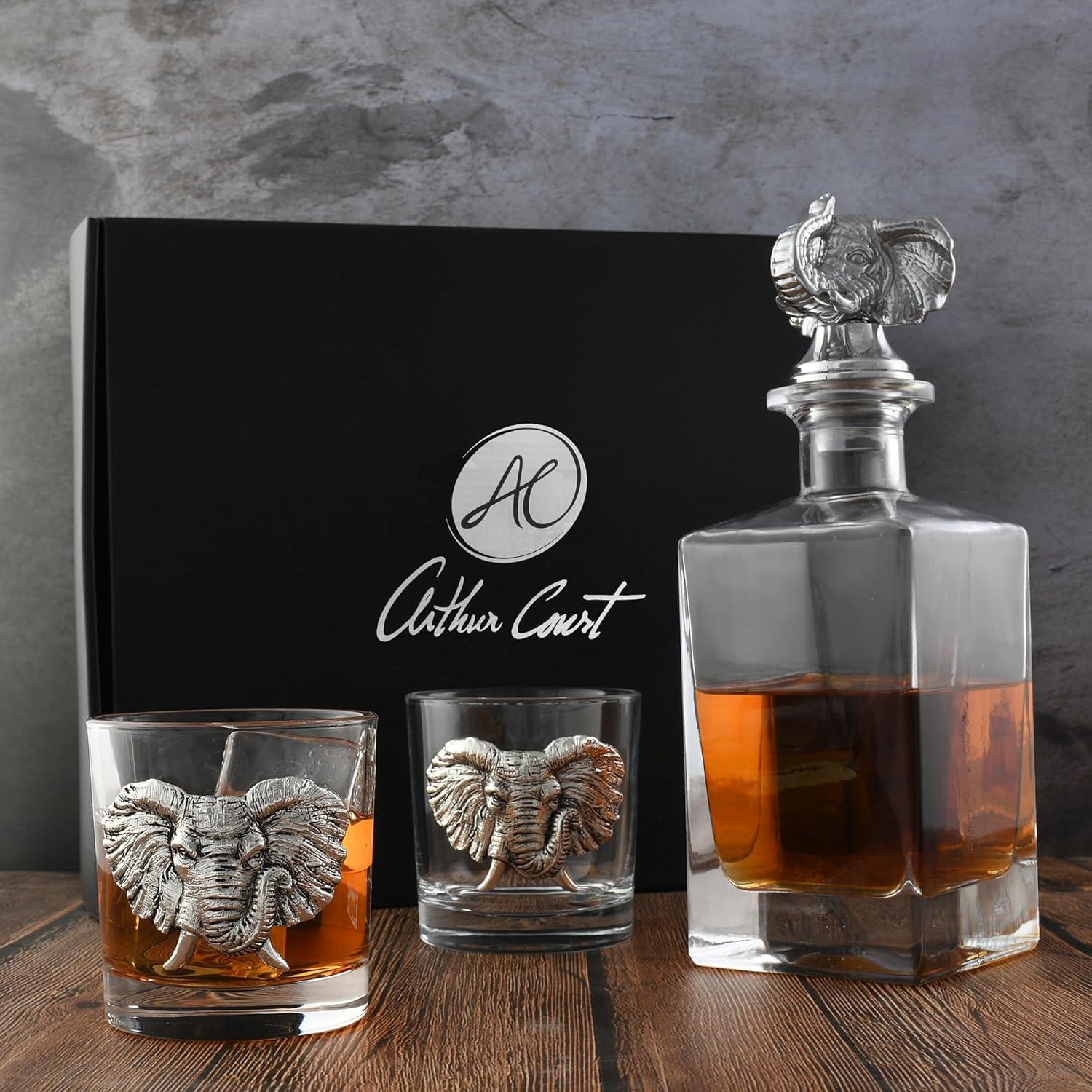 Arthur Court Designs Elephant Glass Whiskey Decanter with Pair of Double Old Fashion Glasses
