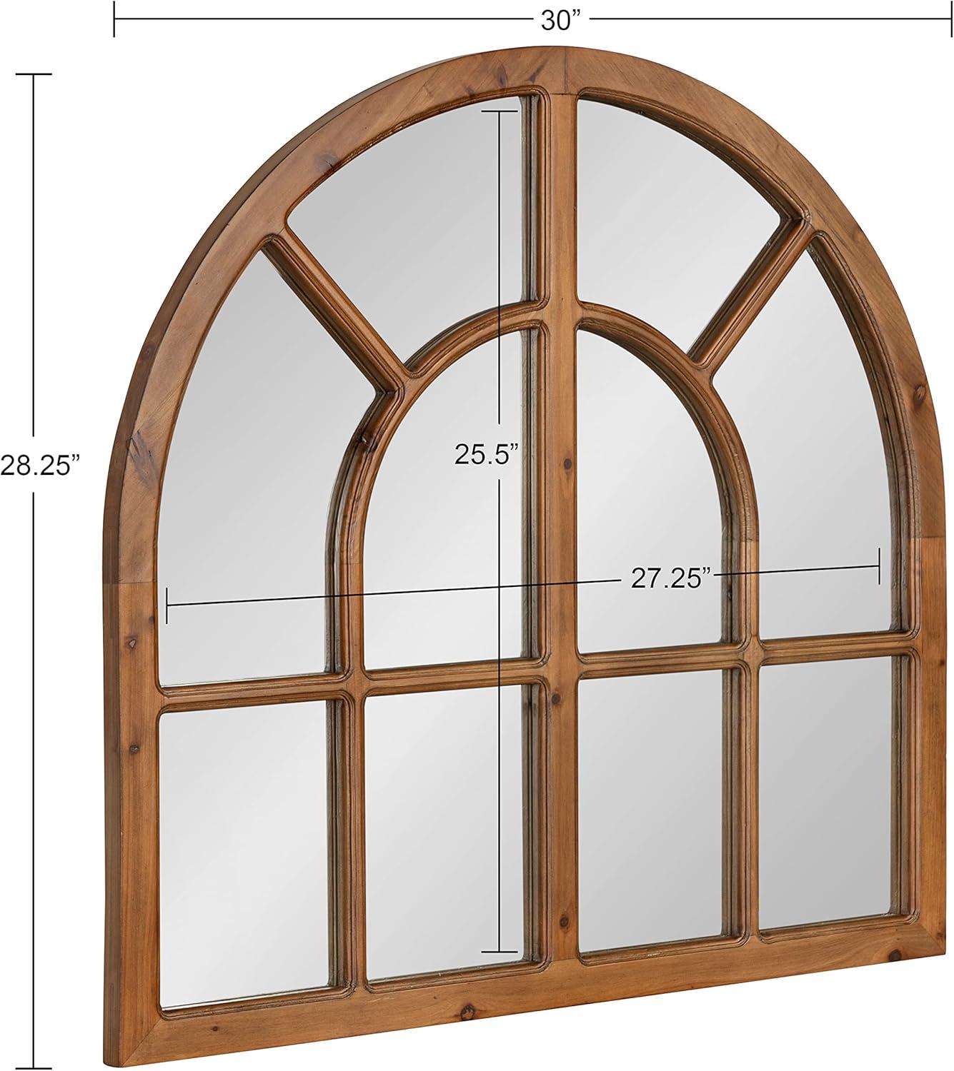 Rustic Brown Wood Arched Windowpane Wall Mirror