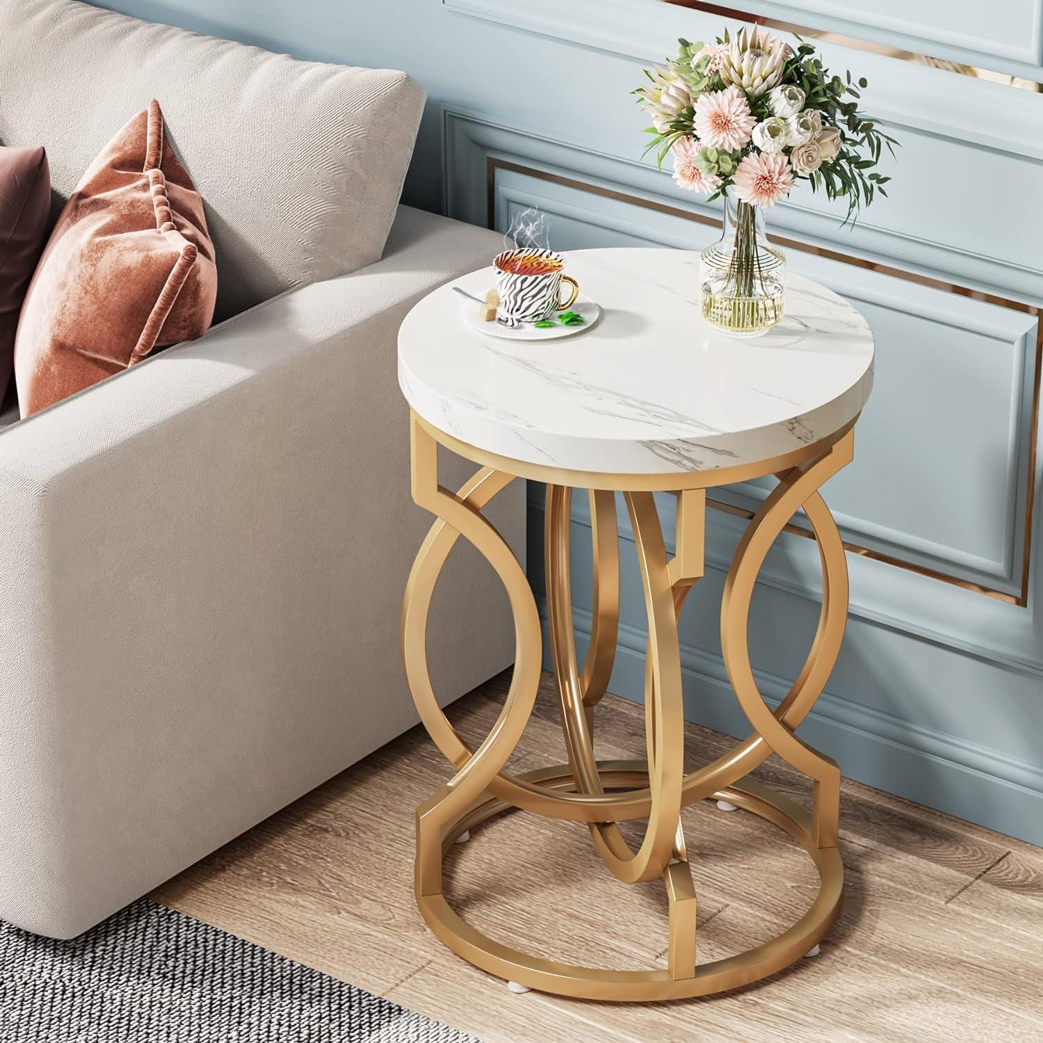 Tribesigns Morden Round End Table with Faux Marble White Top, 20" Sofa Side Table Coffee Table Cocktail Table with Unique Gold O-shaped Base for Living Room Bedroom