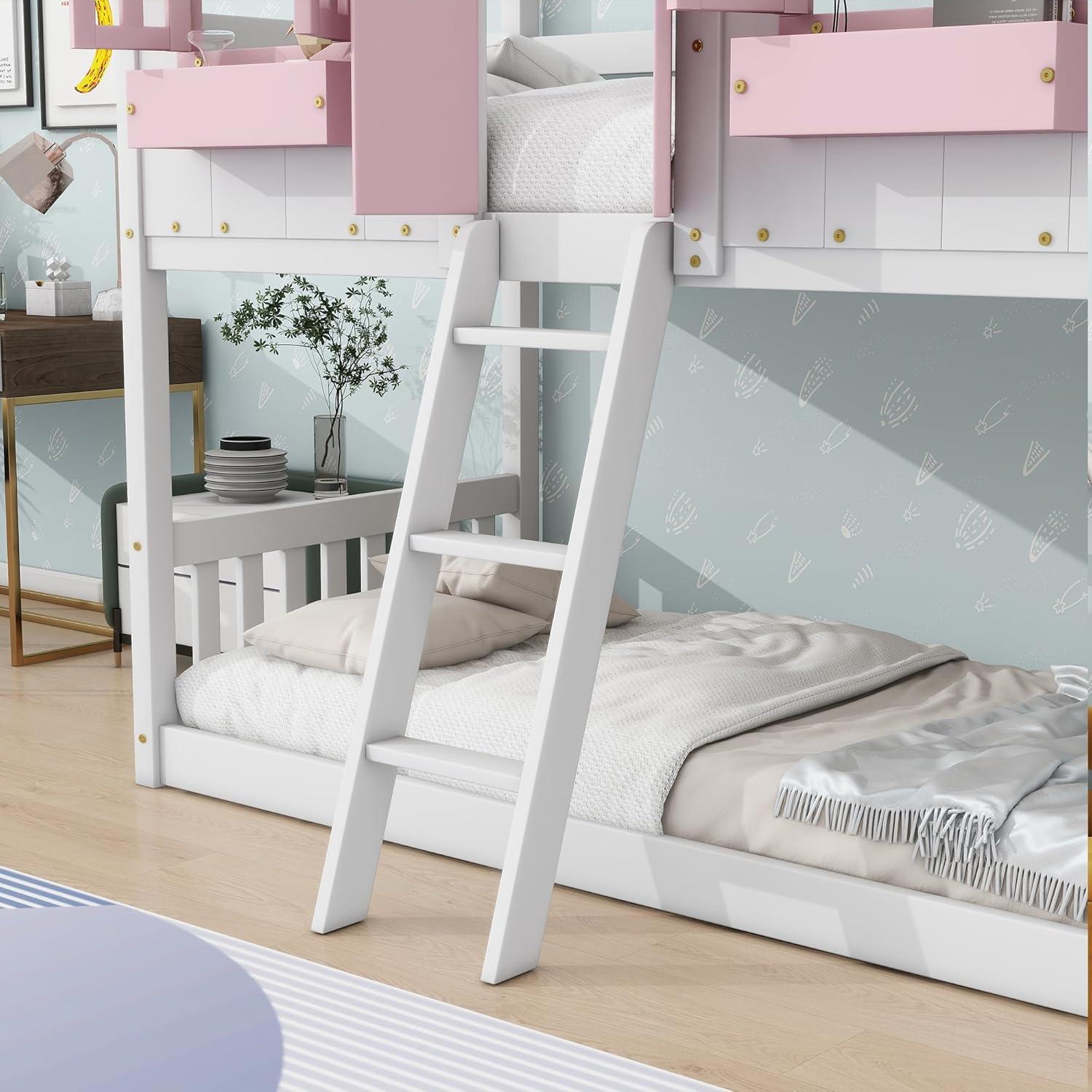 HighSound Twin Over Twin House Bunk Bed Frame with Roof, Window, Ladder and Safety Guardrails for Boys Girls, White & Pink