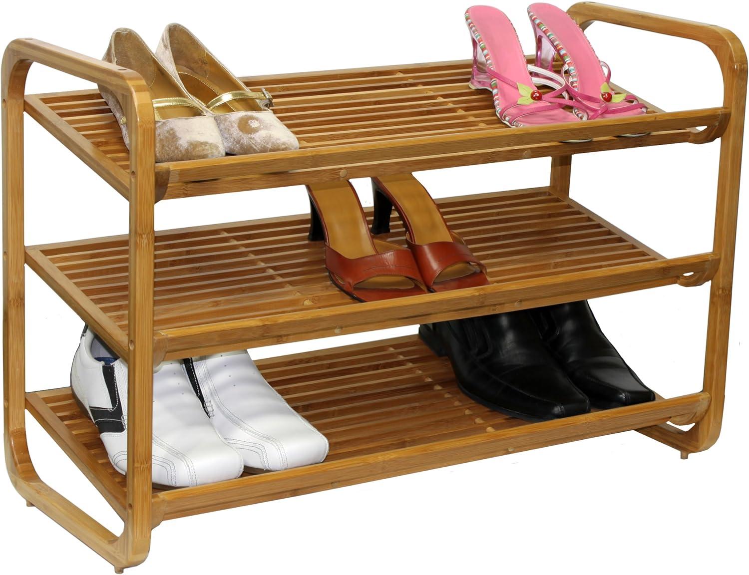 Medium Wood 3-Tier Bamboo Shoe Rack with Metal Accents