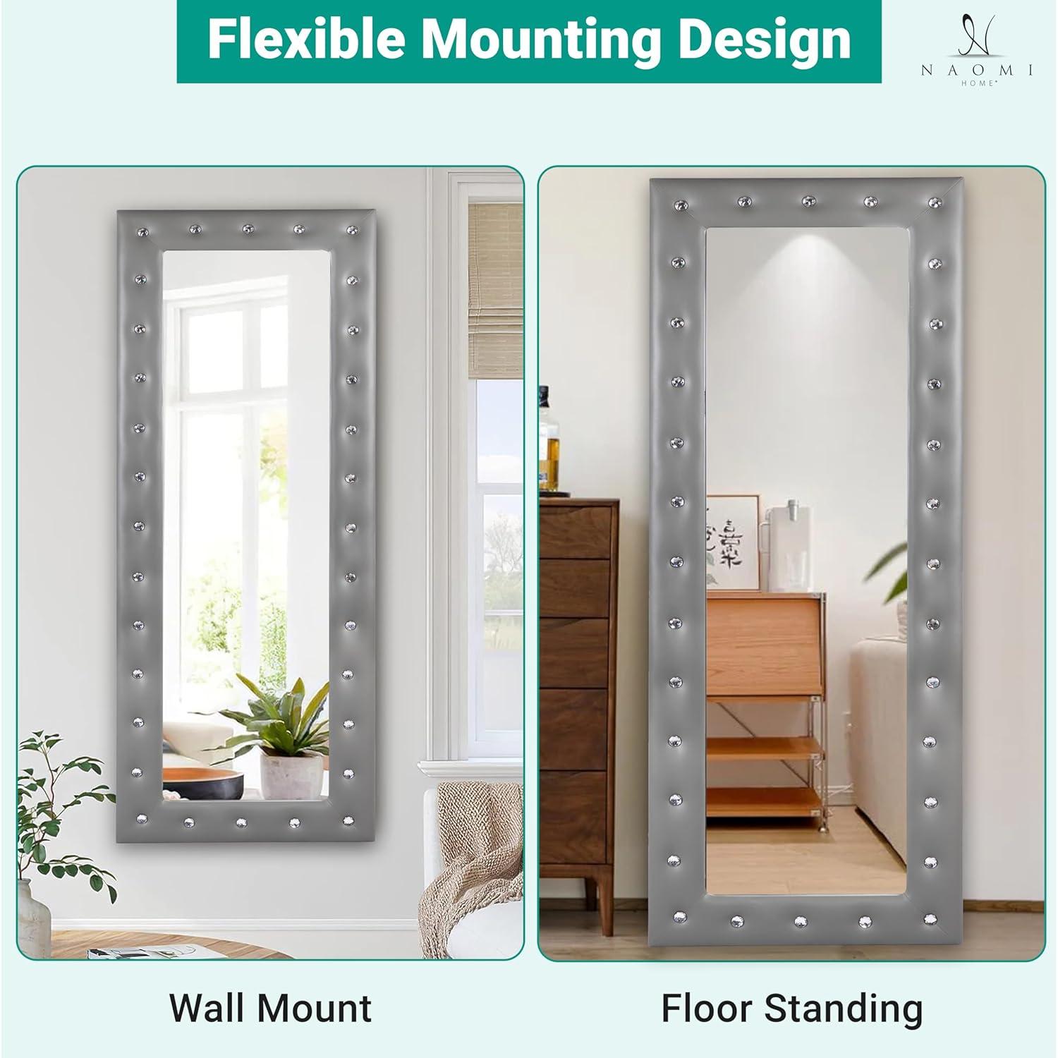 Naomi Home Crystal Tufted Floor Mirror Full Length, 63" LX22 W Wall Mirror, Standing Mirror,Wall Mirror with Faux Wood Frame, Full Length Mirrors for Bedroom - Gray