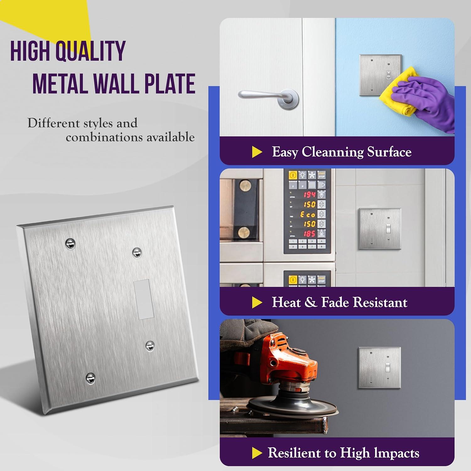 ENERLITES Combination Blank Device or Toggle Light Switch Metal Wall Plate, Corrosive Resistant, Size 2-Gang 4.50" x 4.57", 770111, 430 Stainless Steel, UL Listed, Silver