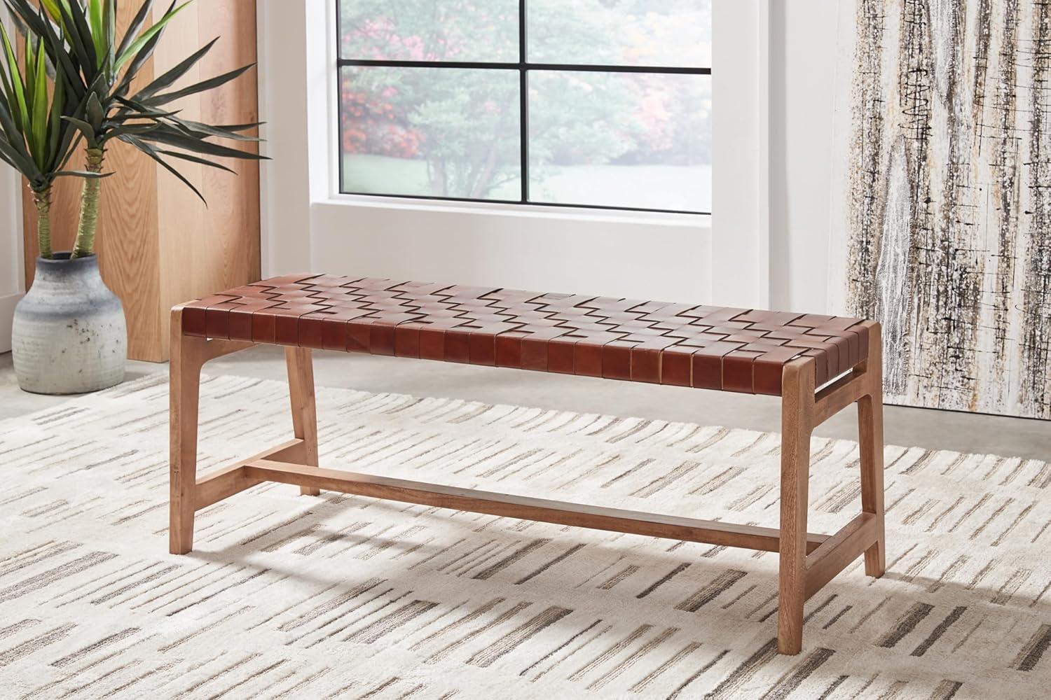 Lemmund 48'' Brown Leather and Wood Accent Bench