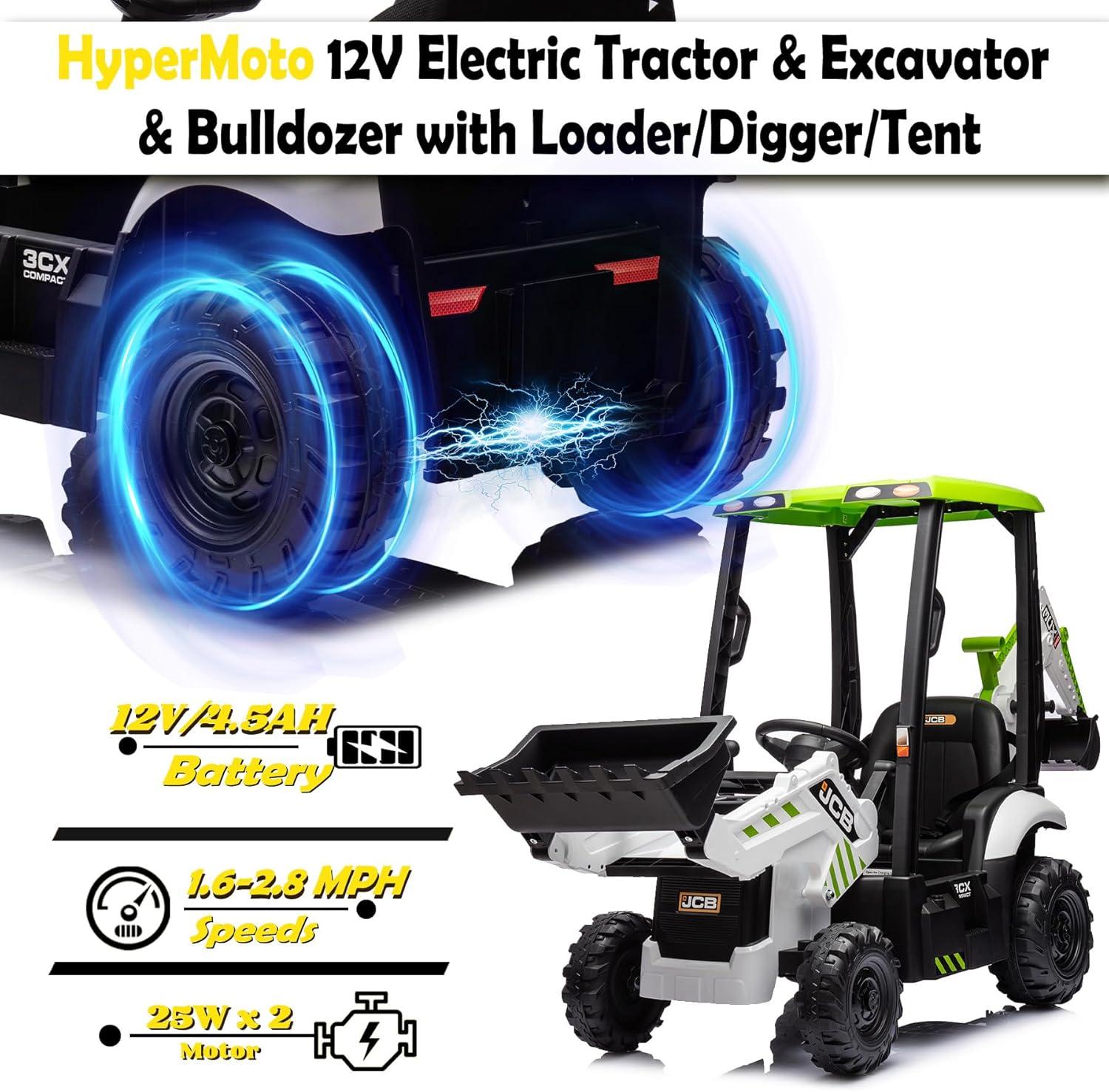 EastVita 4 in 1 Ride on Tractor, Excavator & Bulldozer with Tent,12V Ride on Car Digger Electric Vehicle with Remote Control, Front Loader, Horn, EVA Tires, Kids Ride on Car Toy
