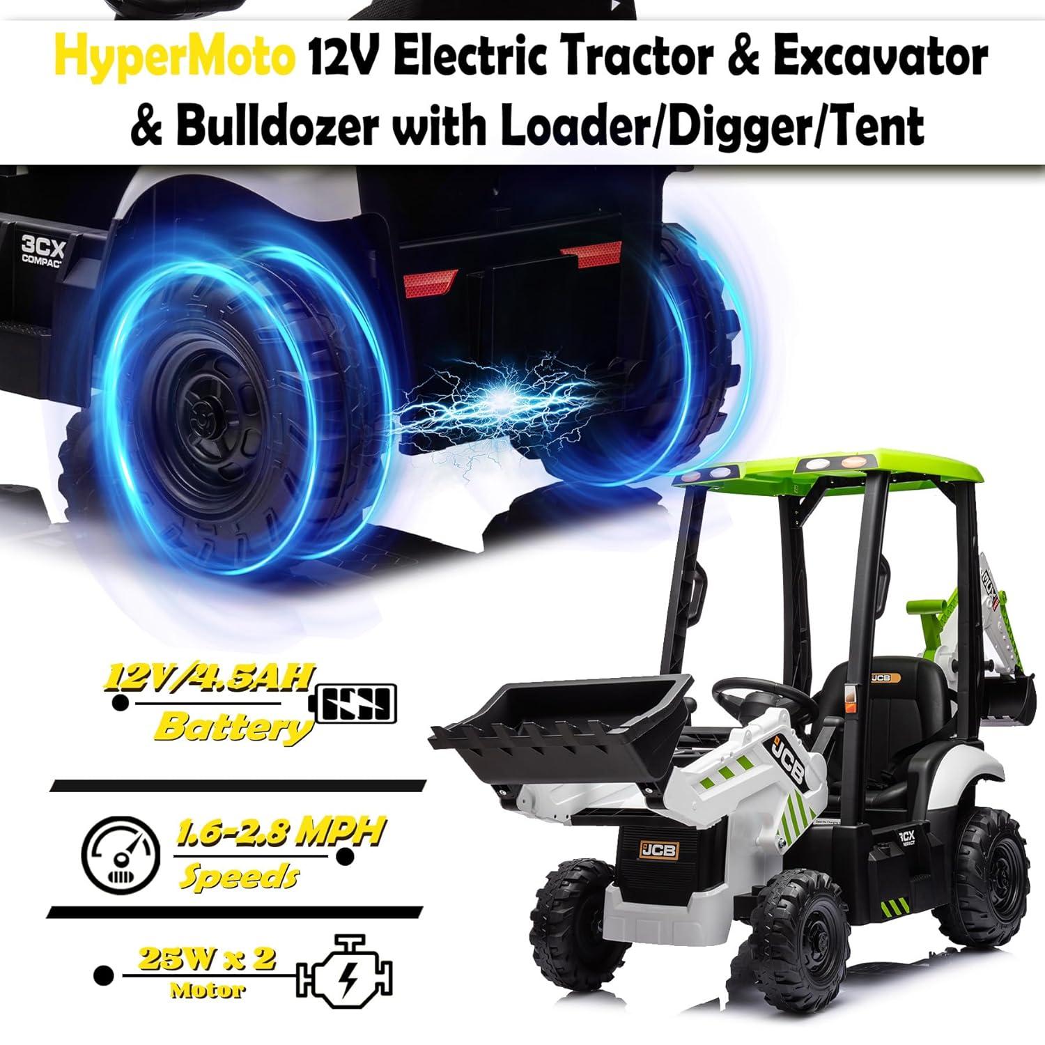 EastVita 4 in 1 Ride on Tractor, Excavator & Bulldozer with Tent,12V Ride on Car Digger Electric Vehicle with Remote Control, Front Loader, Horn, EVA Tires, Kids Ride on Car Toy