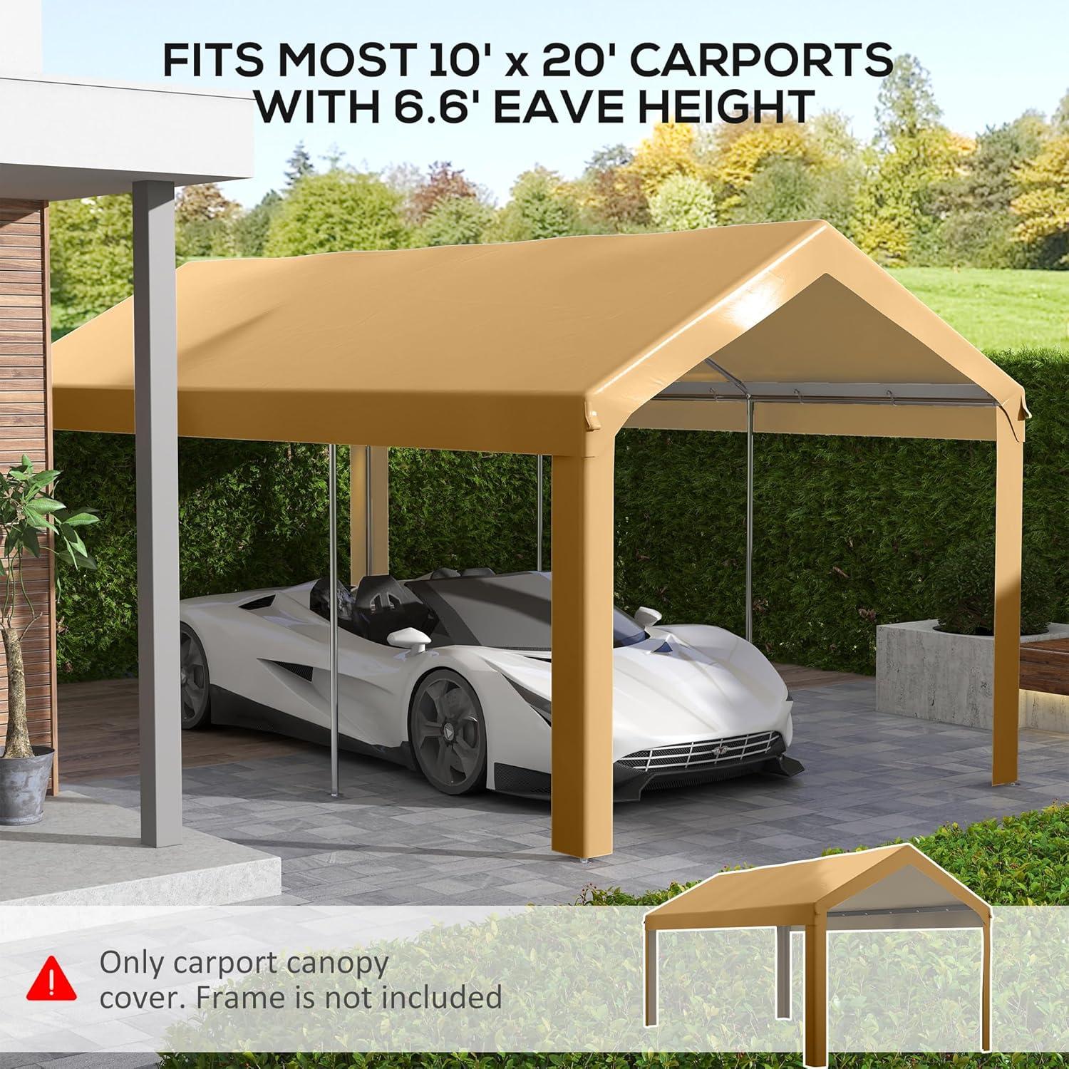 Outsunny 10' x 20' Carport Replacement Top Canopy Cover, UV and Water Resistant Portable Garage Shelter Cover with Ball Bungee Cords, Beige, Only Cover