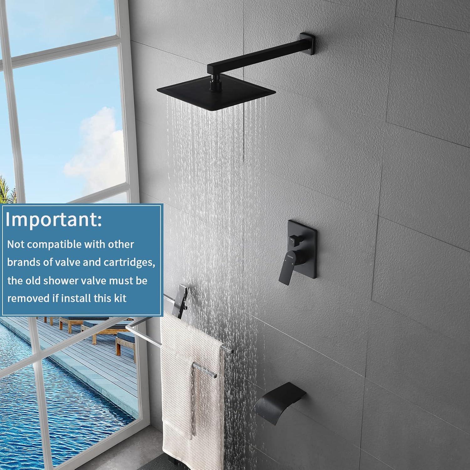 Matte Black Square Rain Shower Faucet Set with Lever Handle