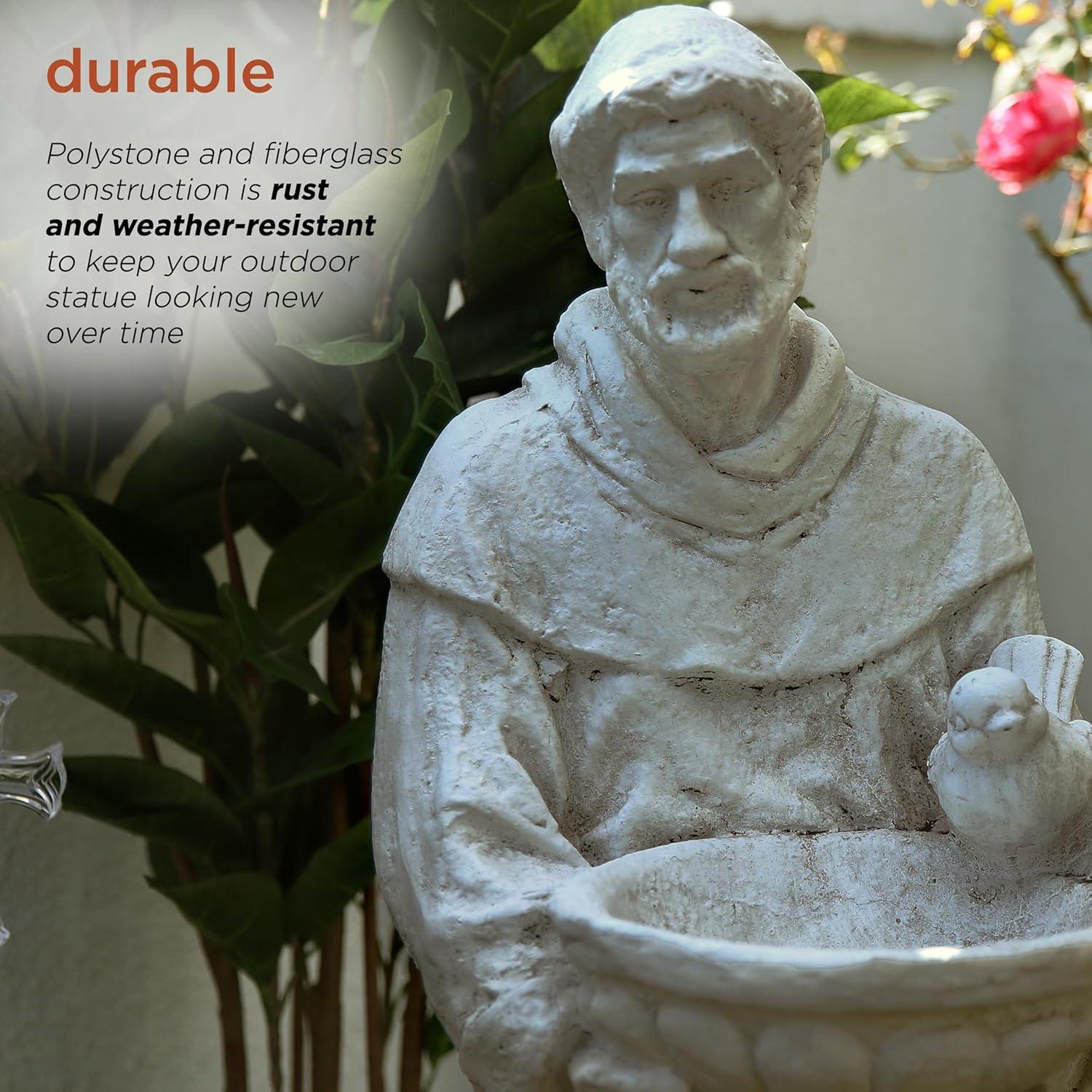 45 in. Tall Outdoor Saint Francis Birdbath Statue Yard Art Decoration, Light Gray