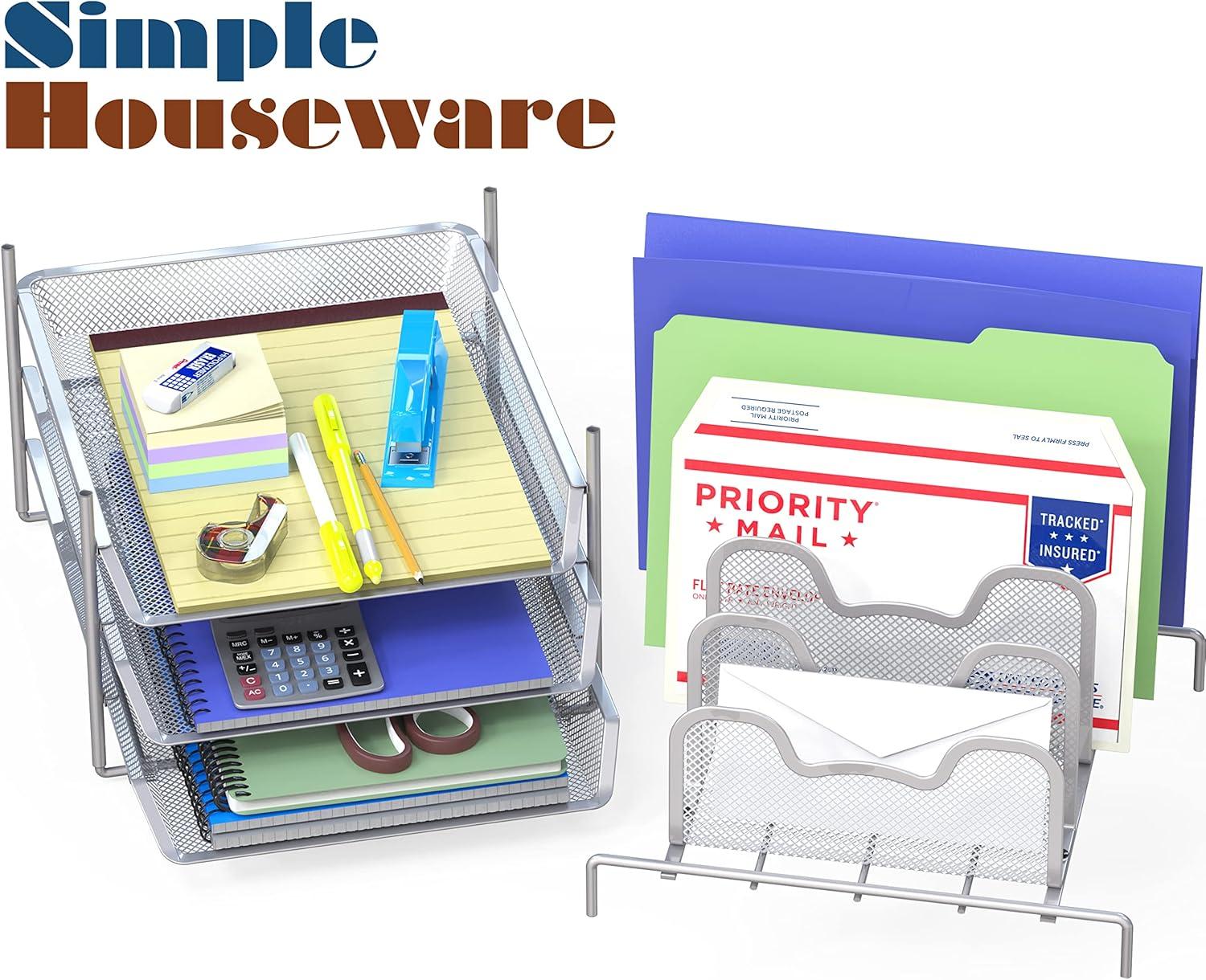 Simple Houseware Desk 3 Sliding Tray and 5 Stacking Section Organizers, Silver