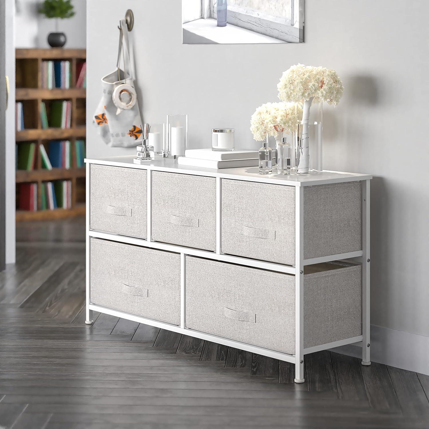 Flash Furniture 5 Drawer Wood Top White Cast Iron Frame Vertical Storage Dresser with Light Gray Easy Pull Fabric Drawers