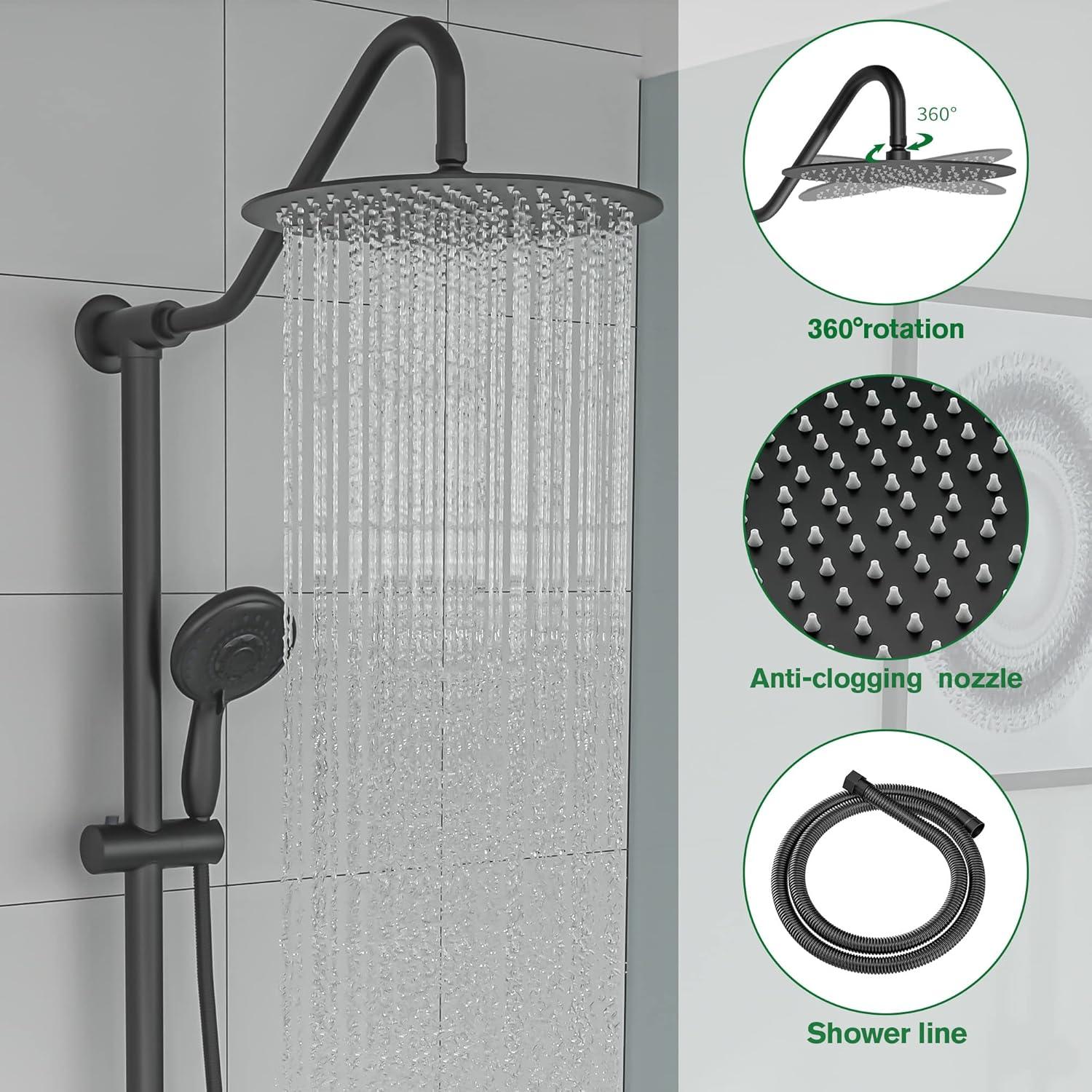 Logmey 10"Rain Shower System Black with Handheld Shower Head 5-Setting Stainless Steel