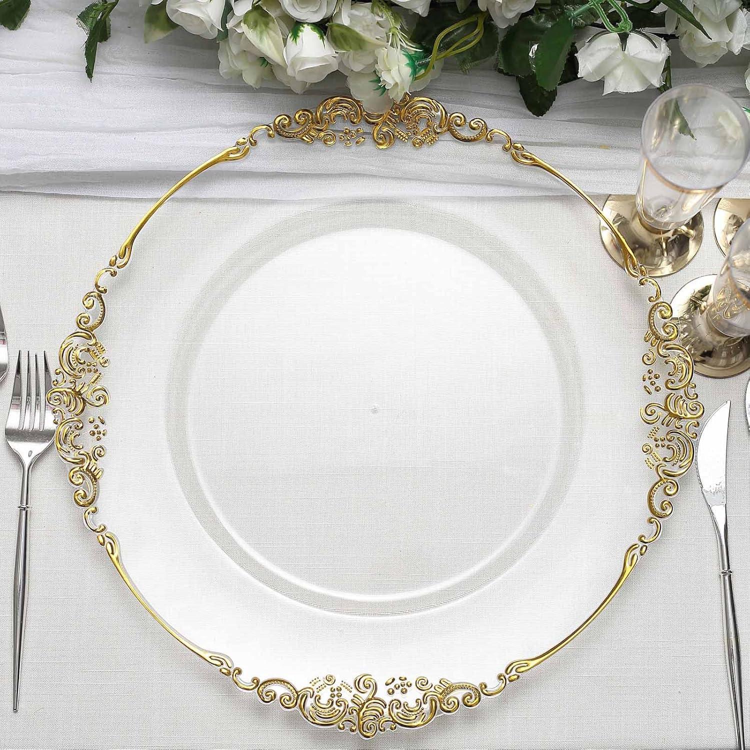 Efavormart 6 Pack Clear Gold 13" Round Baroque Charger Plates Leaf Embossed Rim for Tabletop Decor Catering Event Decoration