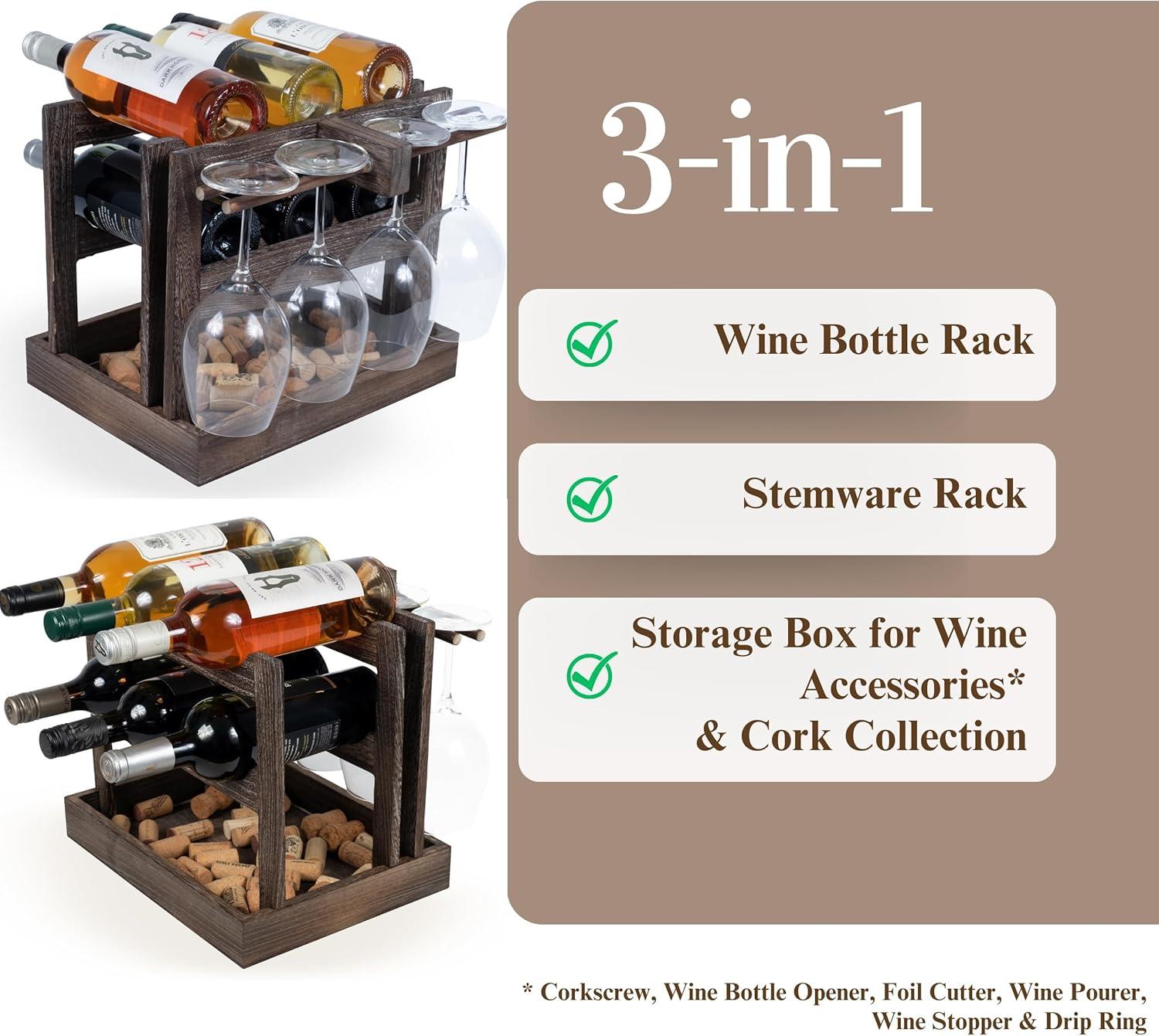 Burnt Brown Wood Countertop Wine Rack with Stemware Holder