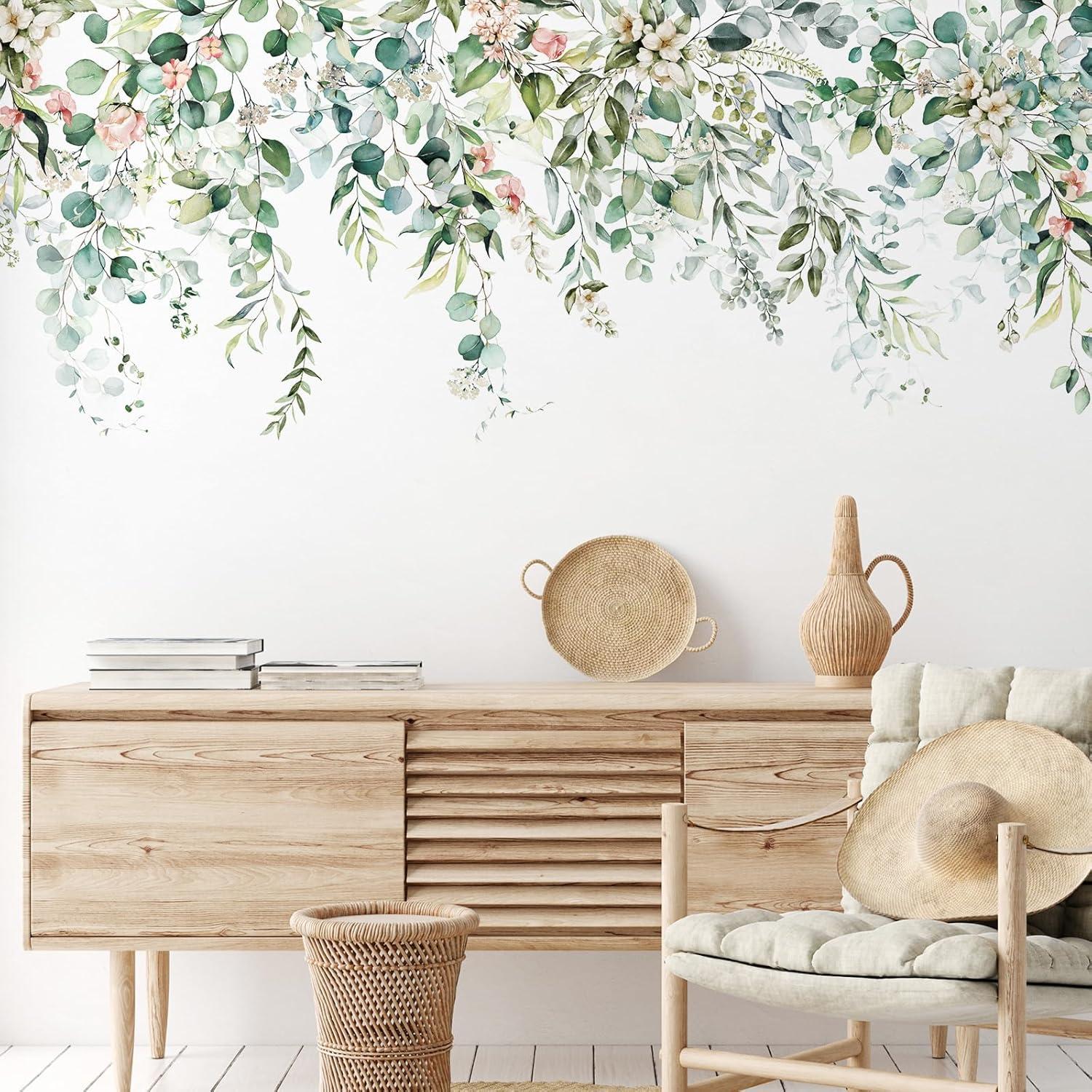 Zonon 6 Pcs Flowers Wall Decals Stickers Vinyl Removable Peel and Stick Colorful Dragonflies Floral Wall Murals Decor for Bedroom Living Room Nursery(Greenery)