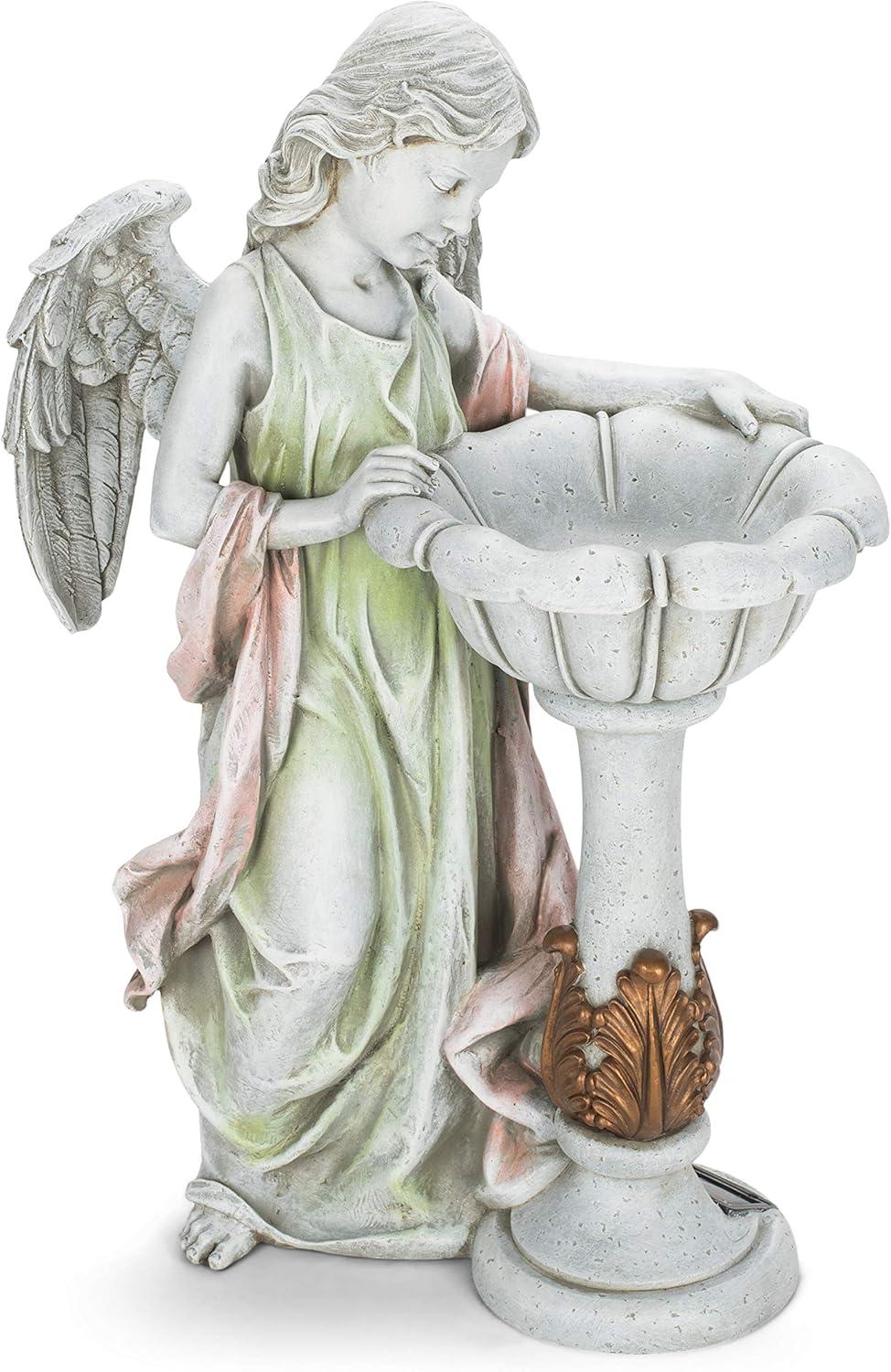 Solar Angel Birdbath with Blue LED Light and Stone Finish