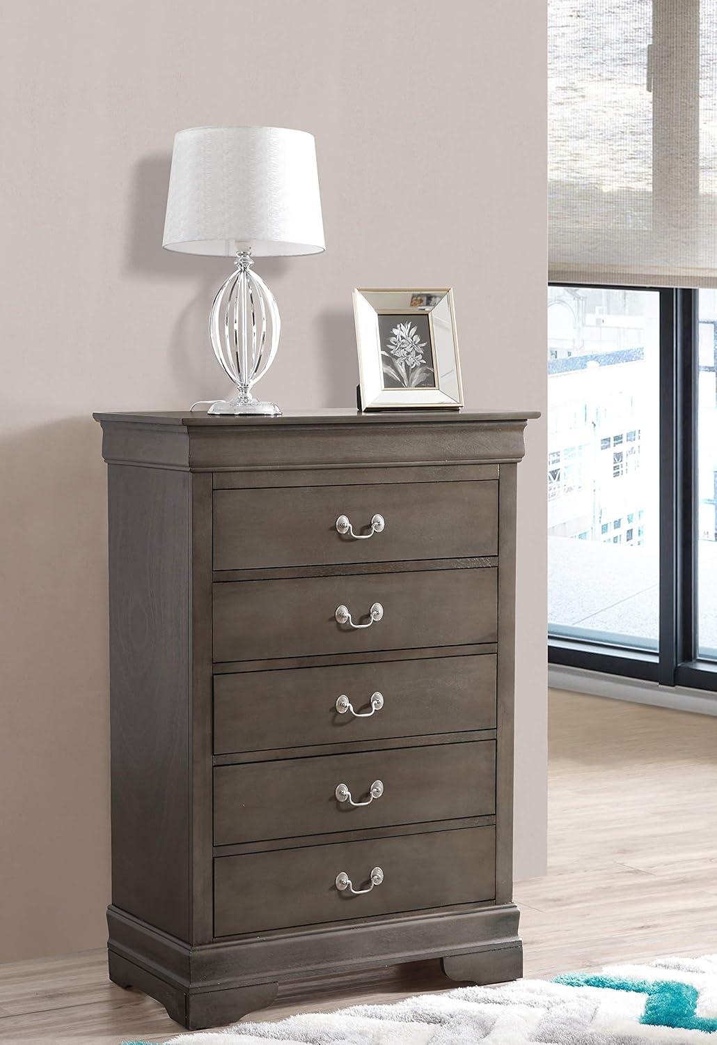 Transitional Gray 5-Drawer Chest with Metal Handles and Dovetail Drawers