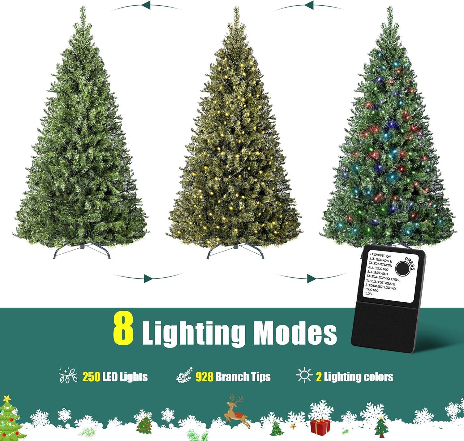 6ft Pre-Lit Christmas Tree, Green Artificial Full Spruce Christmas Tree for Home, Office, Party Decoration w/ 928 Branch Tips, 250 Warm White & Multi-Color Lights, Metal Hinges & Base,Green 6ft