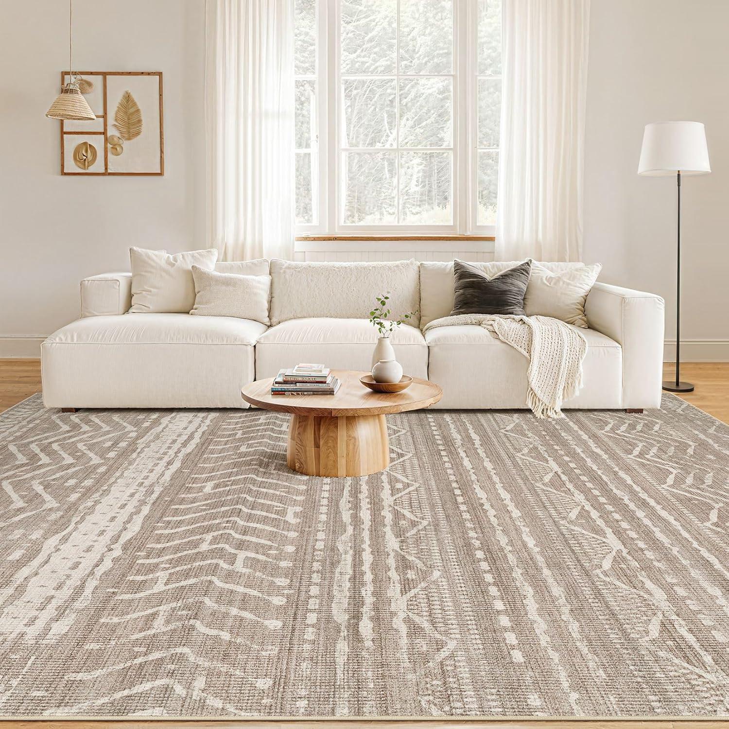 FairOnly 9'x12' Brown White Area Rugs Machine Washable Vintage Rugs for Bathroom Geometric Moroccan Ultra-Thin Area Rugs for Family Room Living Room Carpet