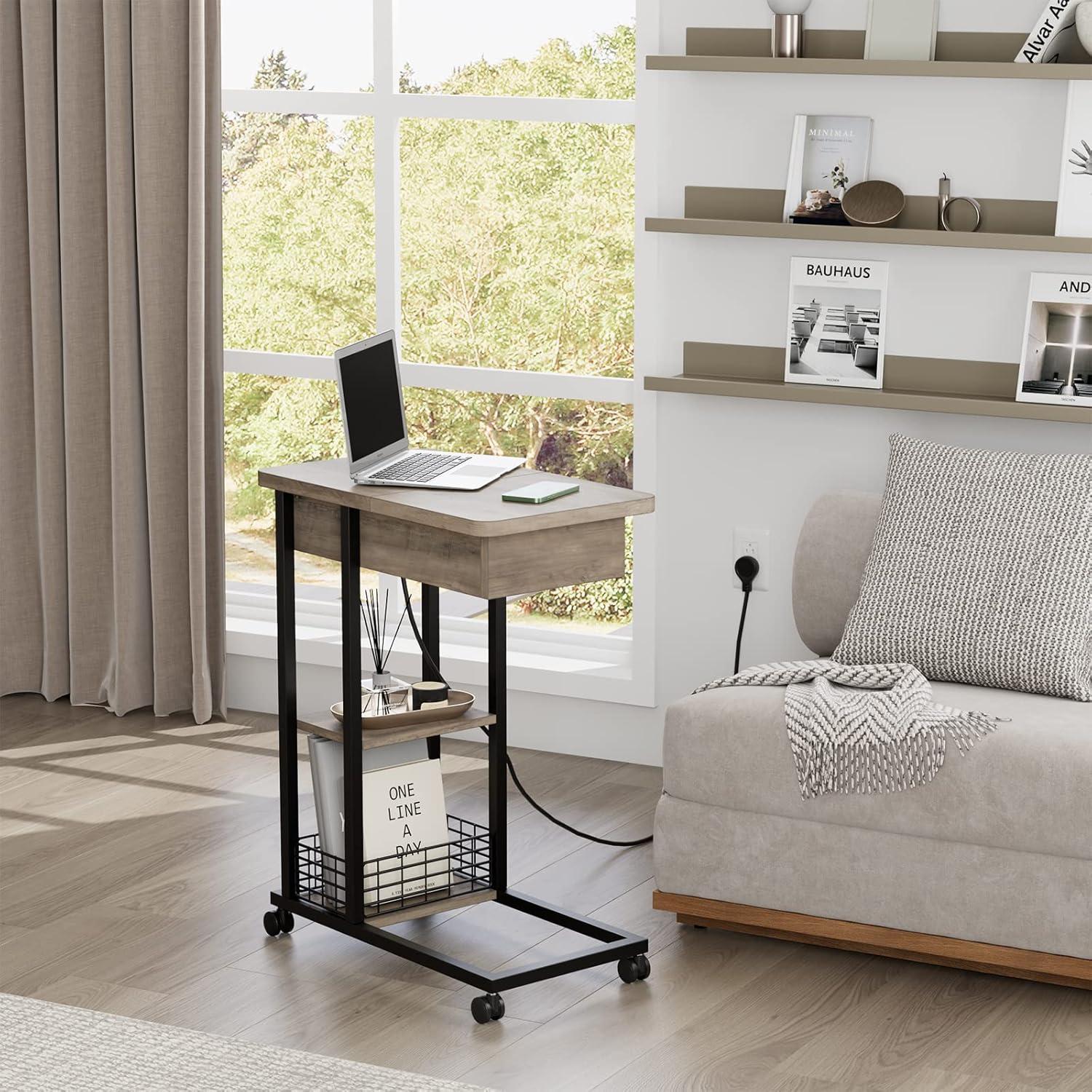 C-Shaped Side Table with Charging Station, Flip Top End Table with USB Ports and Outlets