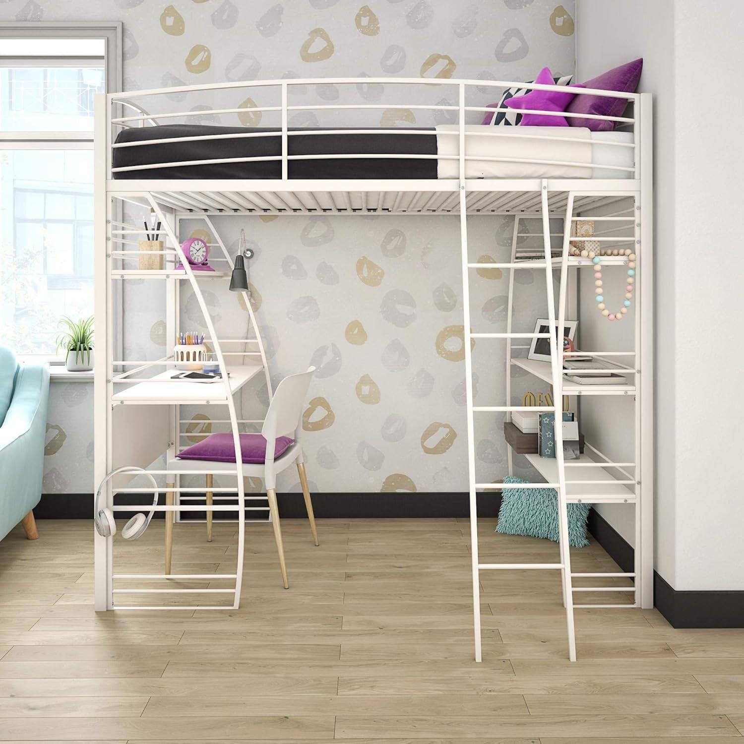 DHP Sage Studio Twin Metal Loft Bed with Integrated Desk and Shelves, Off White