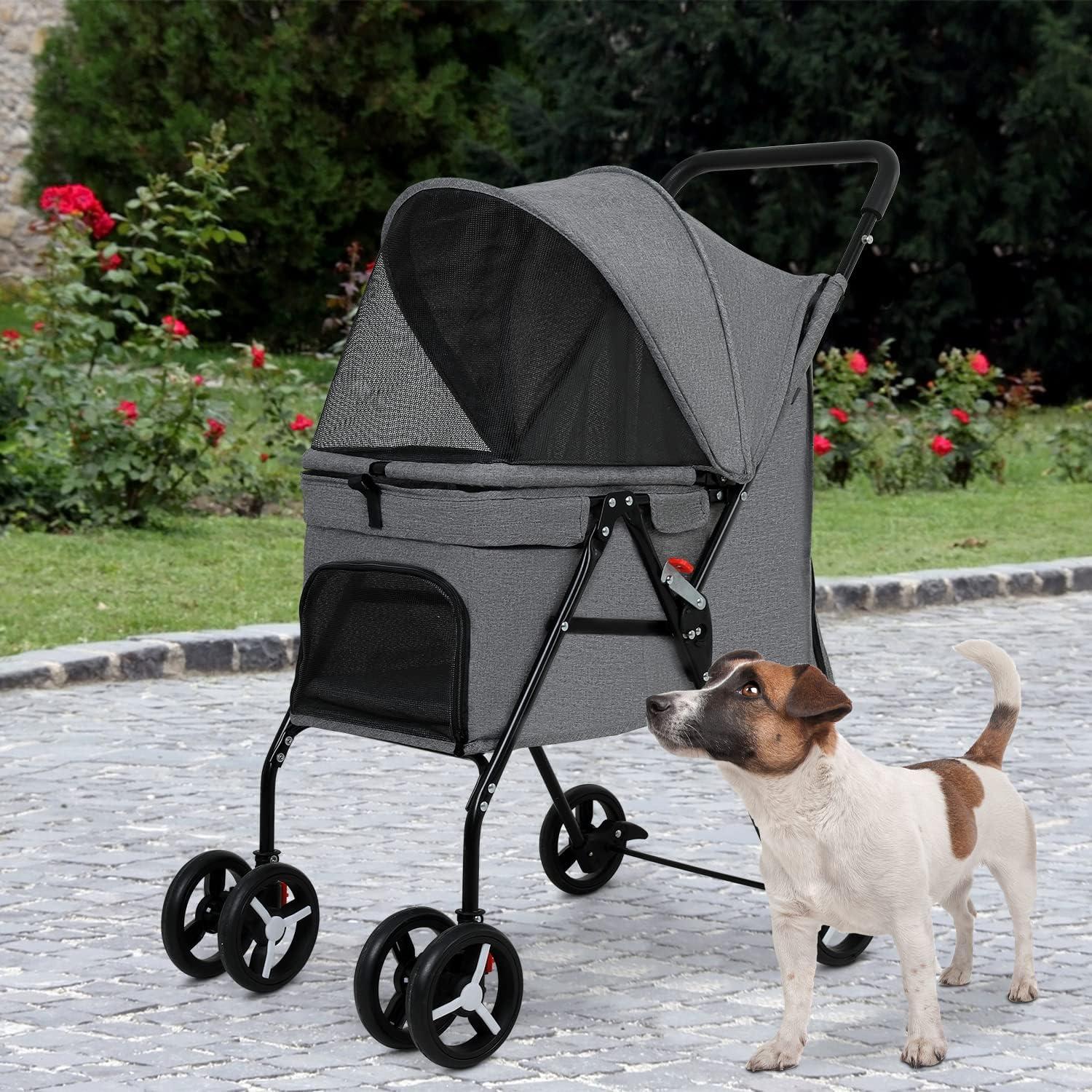 Grey Foldable Pet Stroller with Mesh Windows