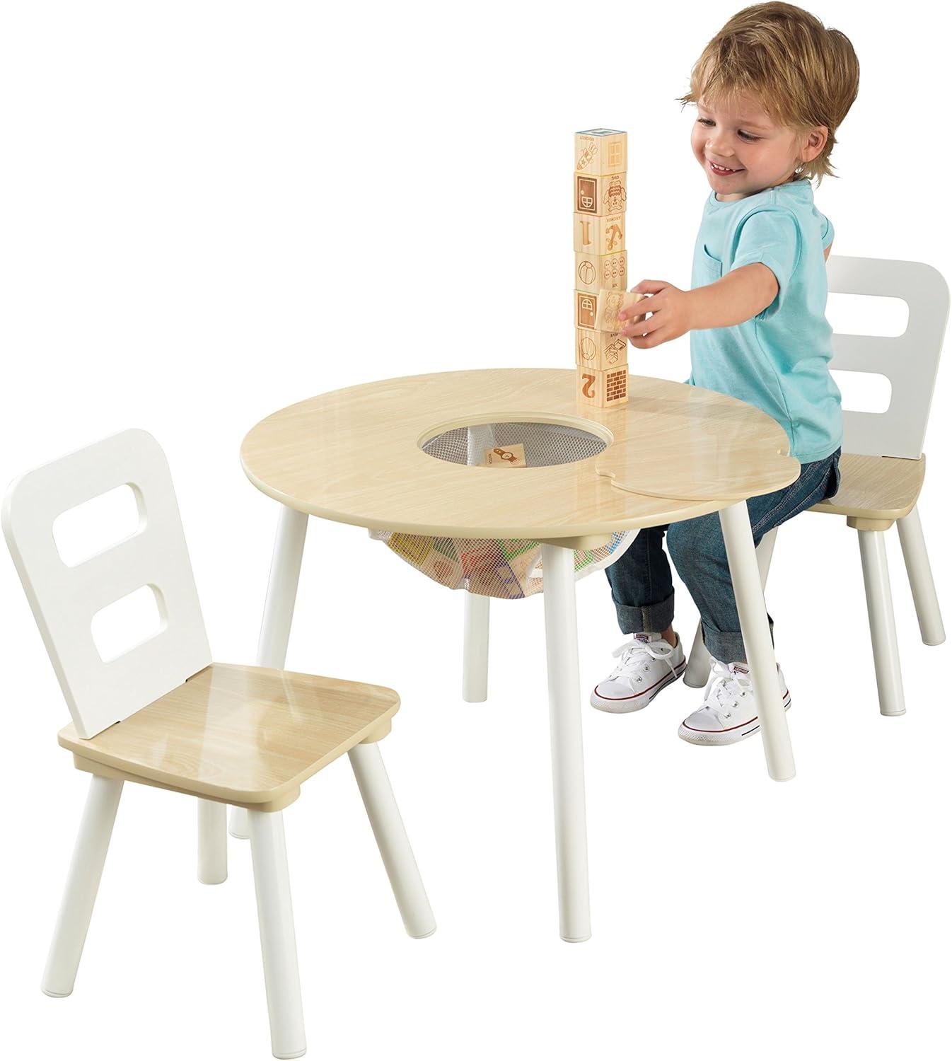 KidKraft Wooden Kids Round Storage Table & 2 Chair Set, Natural & White