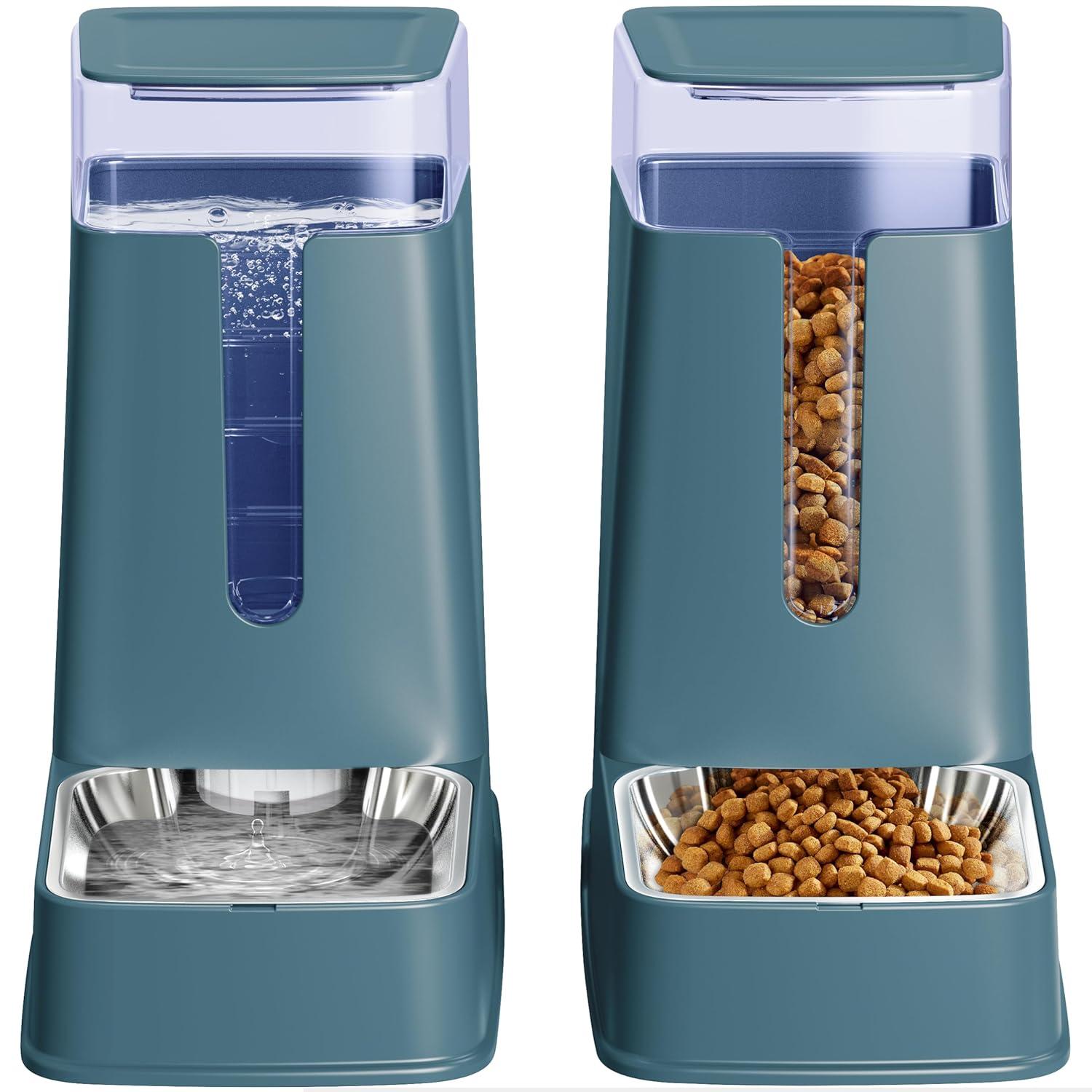 Automatic Cat Feeder and YPF5 Cat Water Dispenser in Set 2 Packs Automatic Dog Feeder and Dog Water Dispenser 1 Gallon for Small Medium Big Dog Pets Puppy Kitten (deep Gray)