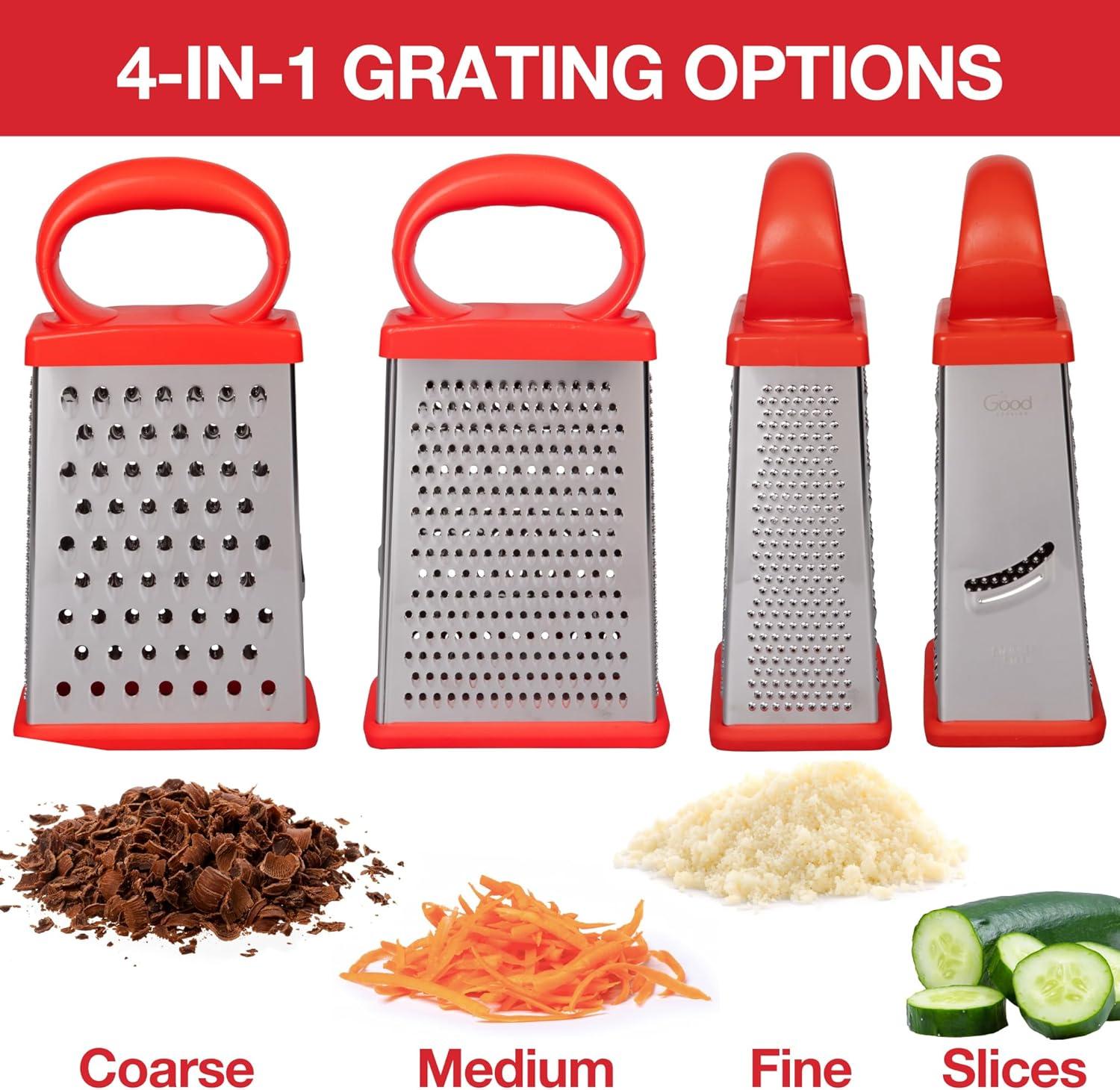 Good Cooking Box Cheese Grater w 2 Attachable Storage Containers- 4-Sided Stainless Steel Slicer and Shredder- 2 Hoppers for Cheeses