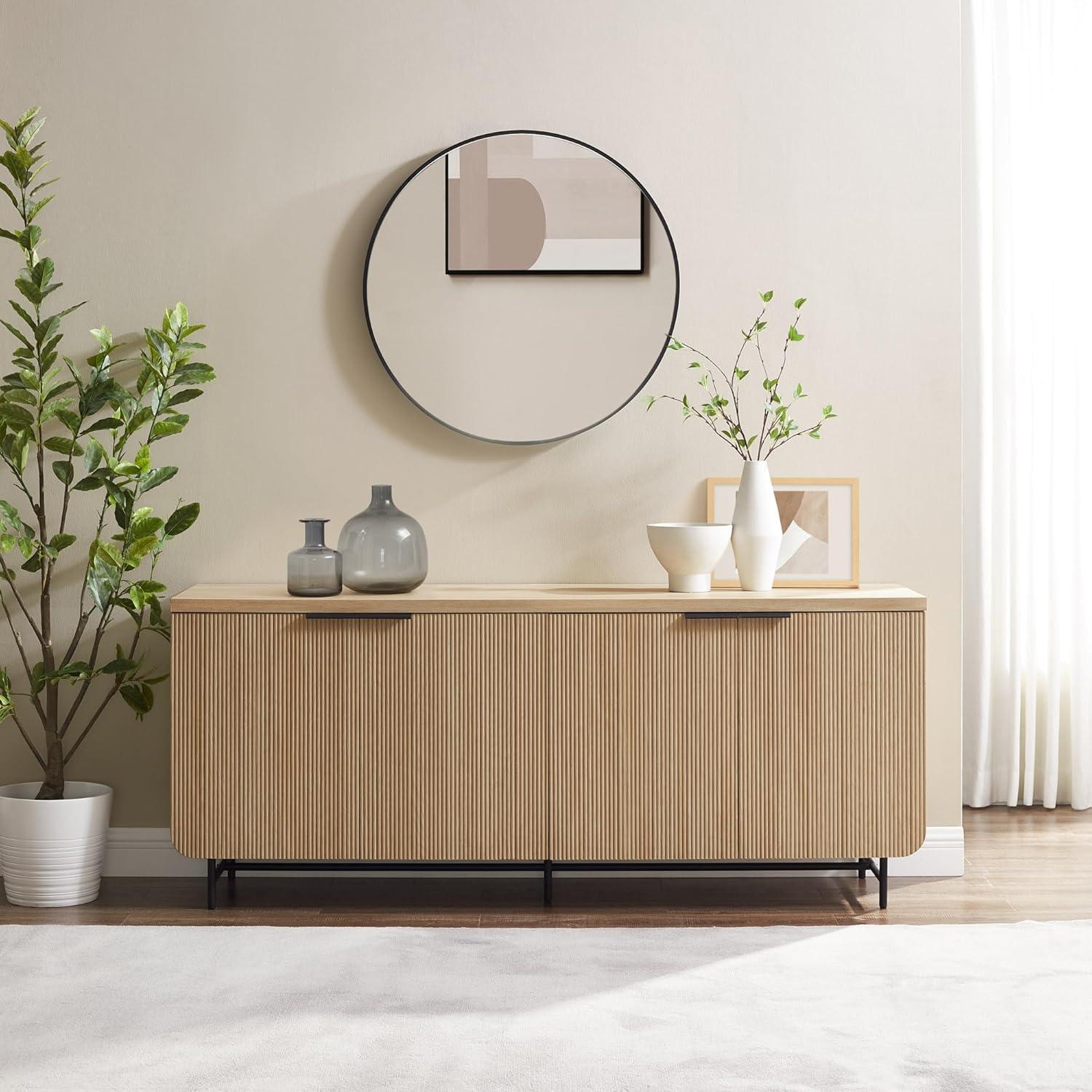 Walker Edison 69” Scandinavian 4-Door Reeded-Front Sideboard, Black & Coastal Oak