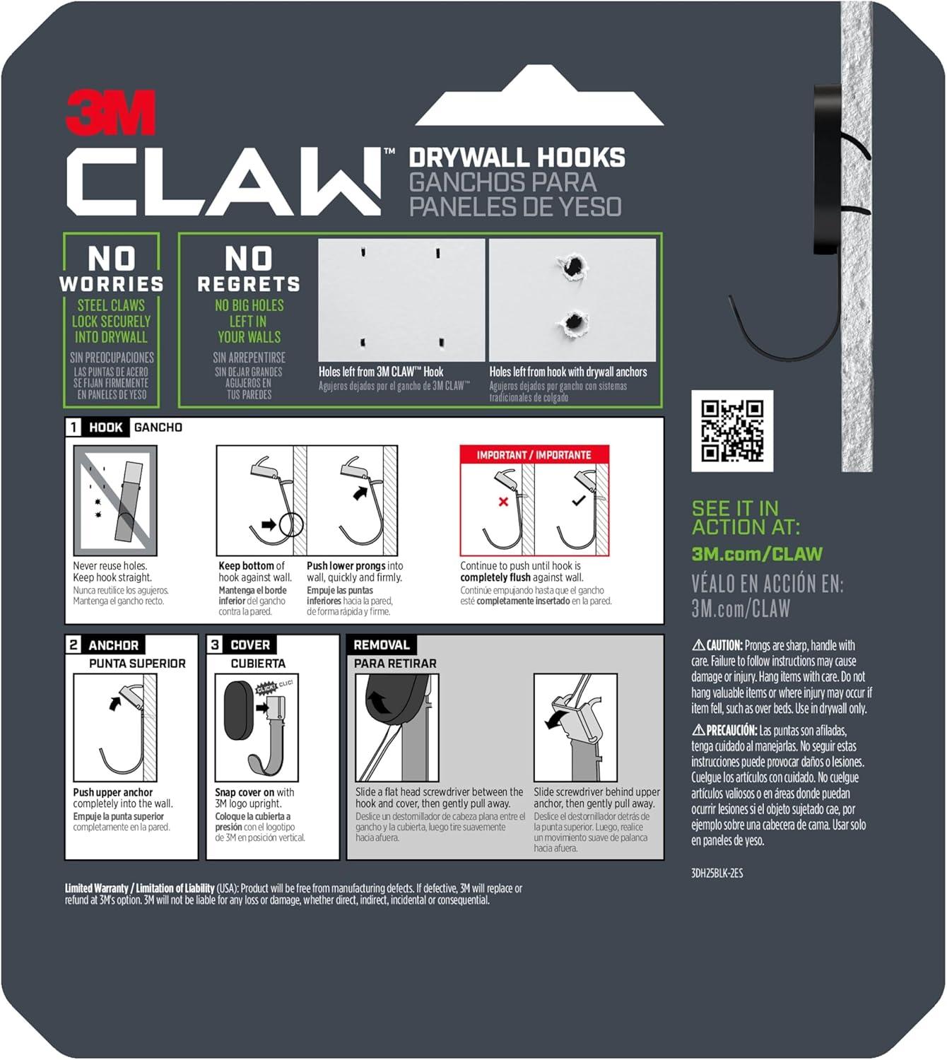 3M CLAW 25 lb. Black Metal Drywall Hooks with Picture Hangers