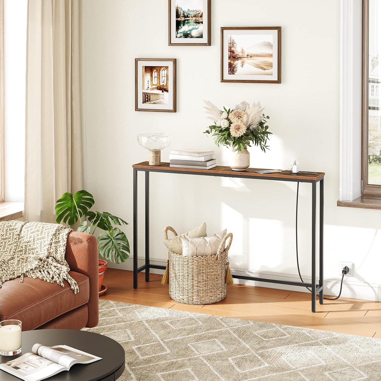 47.2" Skinny Console Table with Power Outlets and USB Ports, Table with Charging Station, Narrow Sofa Table, Behind Couch Table, for Entryway, Hallway, Foyer, Rustic Brown BF15XG01G1