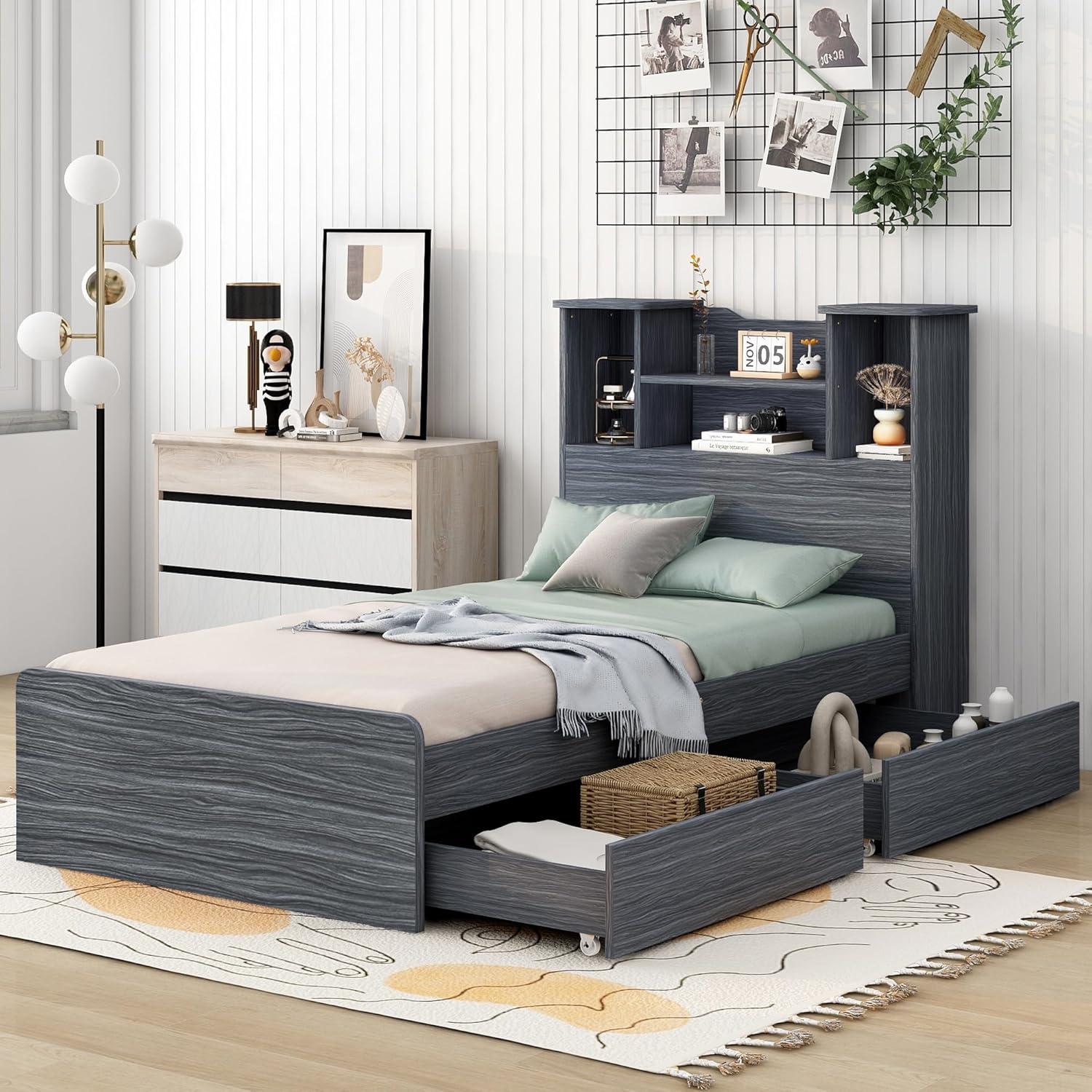Harper & Bright Designs Twin Size Bed with Storage Headboard and Drawers, Solid Wood Twin Platform Bed Frame with 2 Drawers, 4 Shelves and LED Light, No Box Spring Needed - White