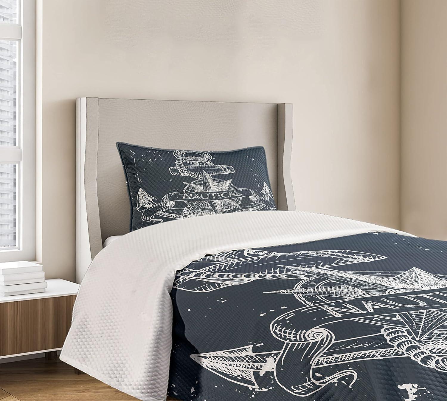 Ambesonne Ambesonne Nautical Bedspread Set Knot Anchor Compass Dark Blue White