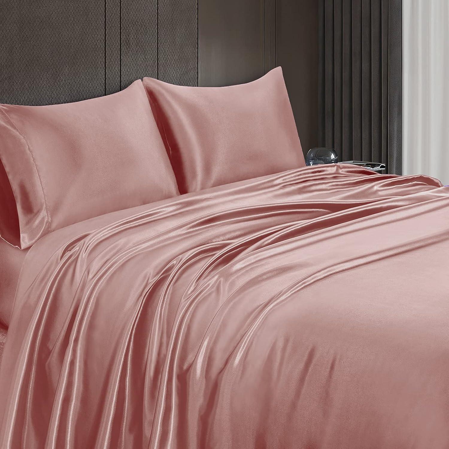 Homiest 4pcs Satin Sheets Set Luxury Silky Satin Bedding Set with Deep Pocket, 1 Fitted Sheet + 1 Flat Sheet + 2 Pillowcases (Queen Size, Blush Pink)