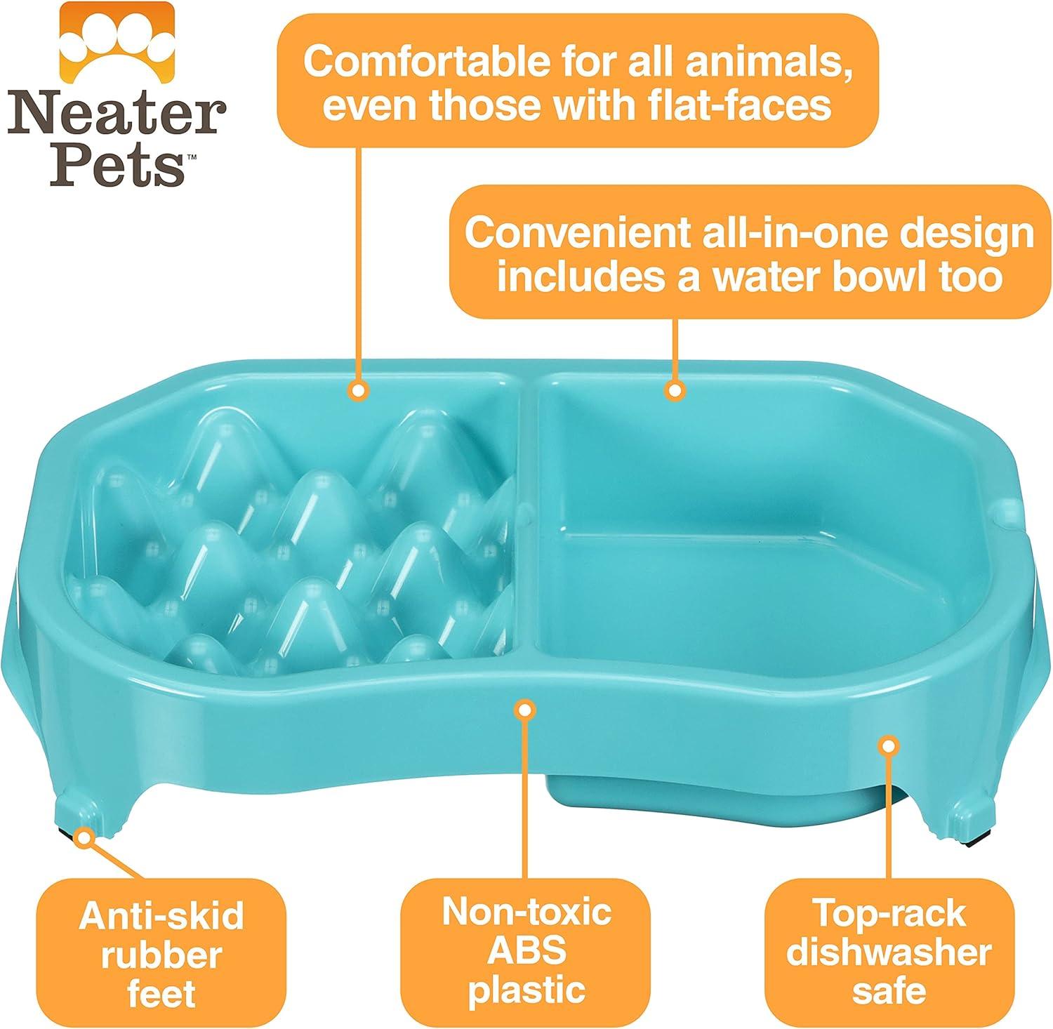 Neater Pet Brands Neater Slow Feeder Double Diner Food and Water Bowl - Improves Digestion, Stops Obesity, and Slows Down Eating, Aquamarine