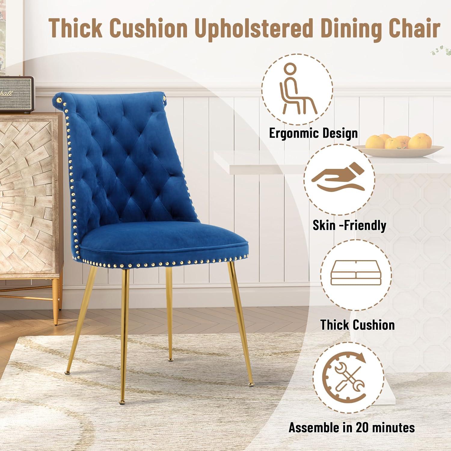 Velvet Upholstered Dining Chairs, Set of 2, Dining Room Tufted Chair, Modern Button Tufted Armless Chairs with Nailhead Trim and Back Ring Pull, Gold Legs, for Dining Room, Kitchen, Navy