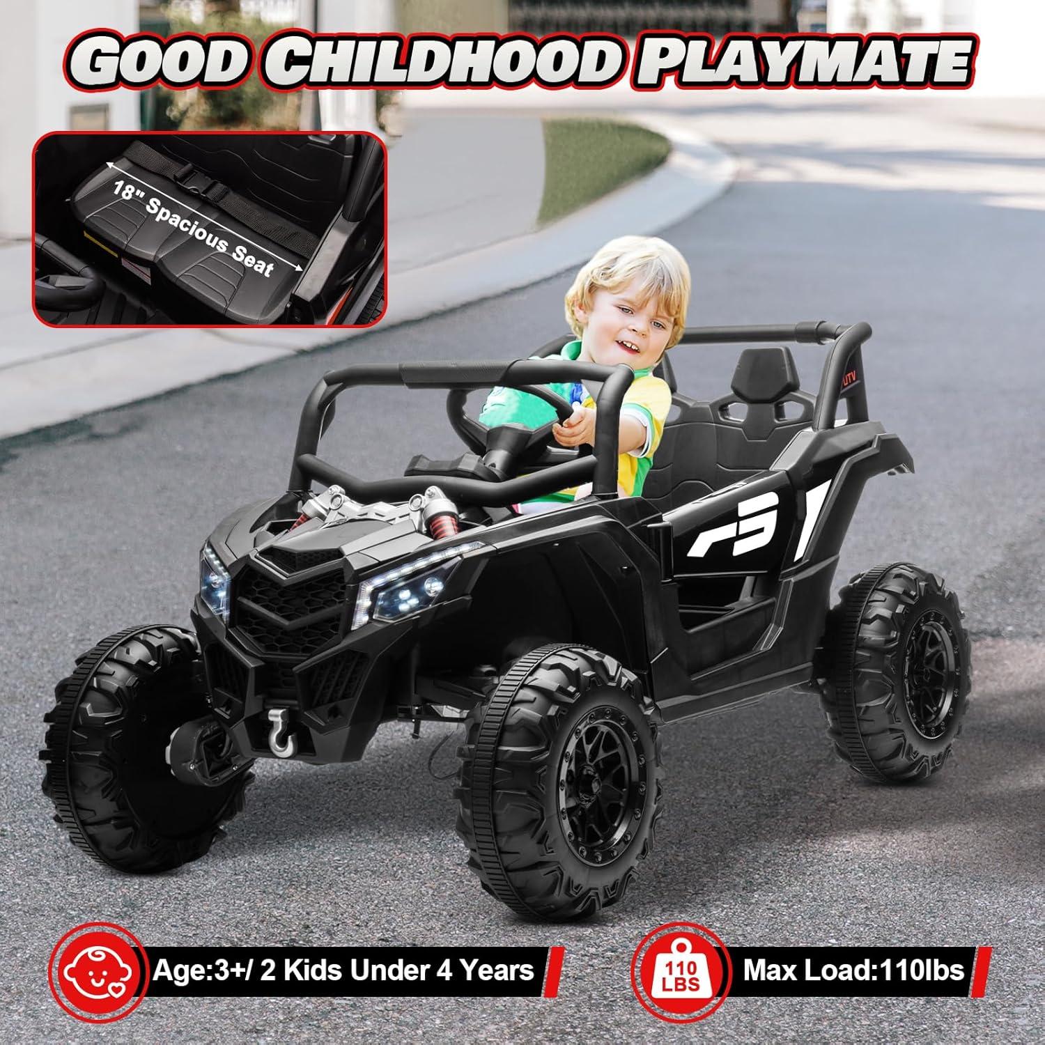 Black 24V Kids Electric UTV Ride-On Car with LED Lights and Remote Control