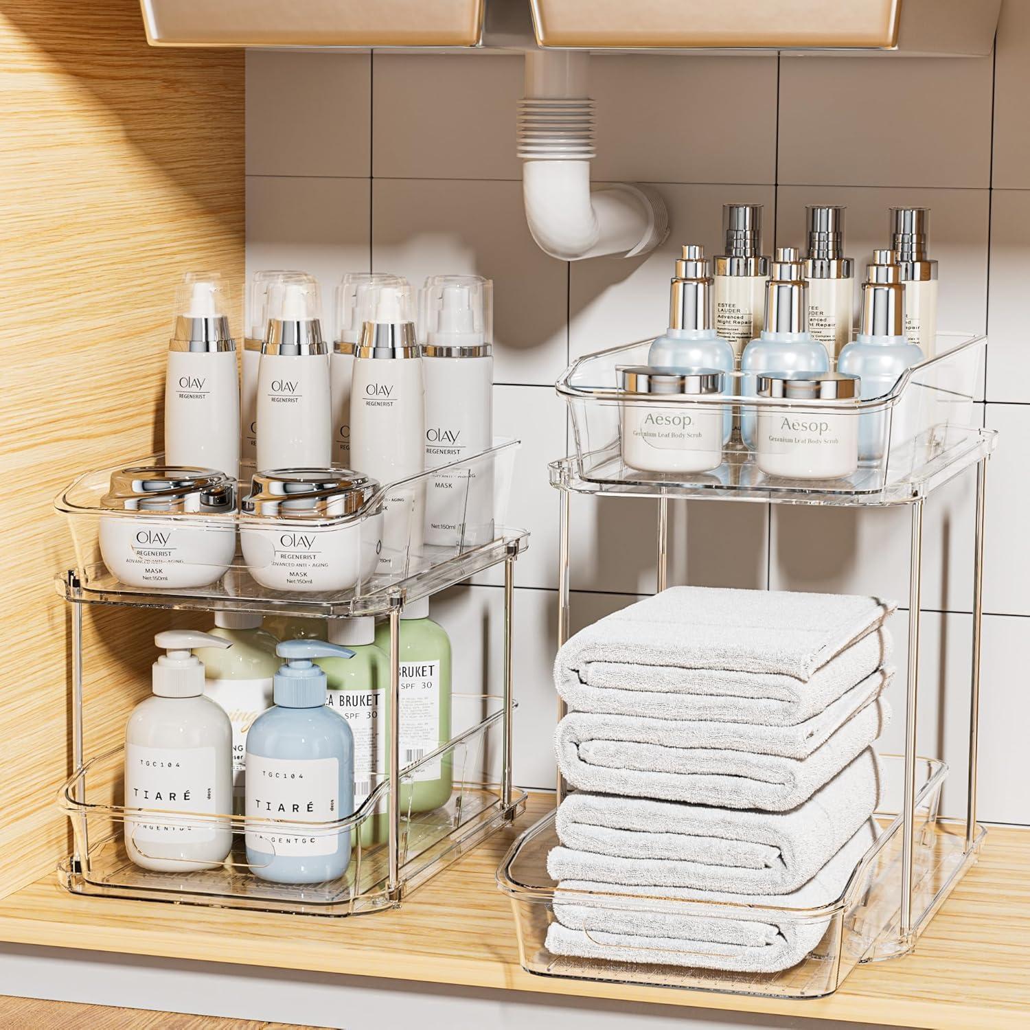 THE GLAMOUR BOUTIQUES 2 Sets Of 2-Tier Clear Under Sink Organizers And Storage, Multi-Purpose Stackable Bathroom Cabinet Organizers, Pull Out Kitchen Pantry Organization And Storage With Dividers