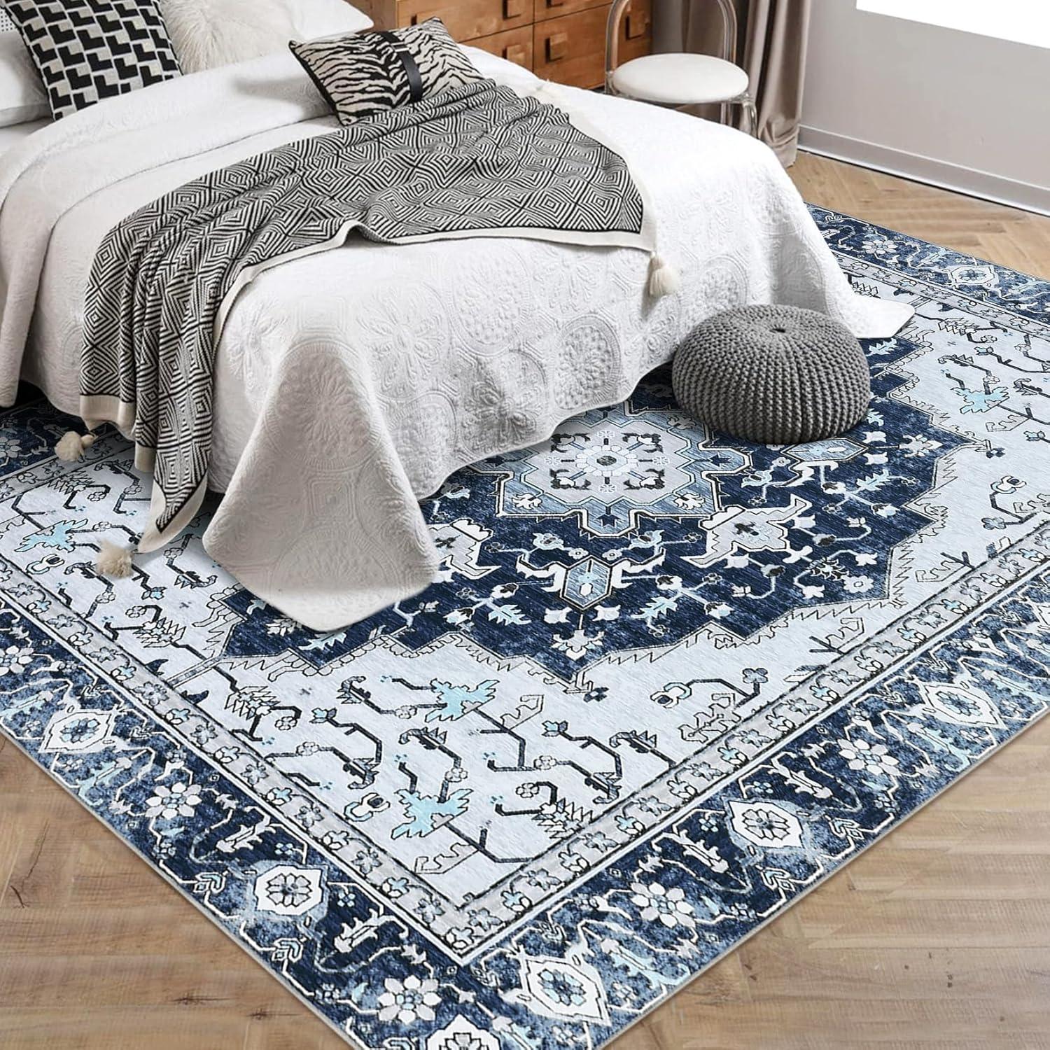 Soft Area Rug 5x7, Washable Living Bedroom Rug Low-Pile Vintage Rugs, Non-Slip Non-Shed Floral Print Accent Floor Carpet for Dining Room Home Office, Updated Blue