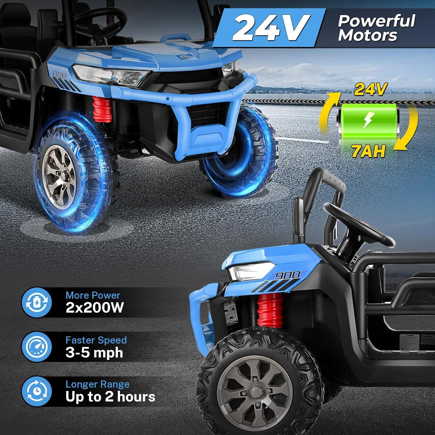 JOYRACER 24V 2 Seater Ride On Dump Truck with Remote Control , Electric UTV Car with Electric Dump Bed, 4WD Power Ride Cars W/6 Wheels Ride On Toys with Shovel Music Player