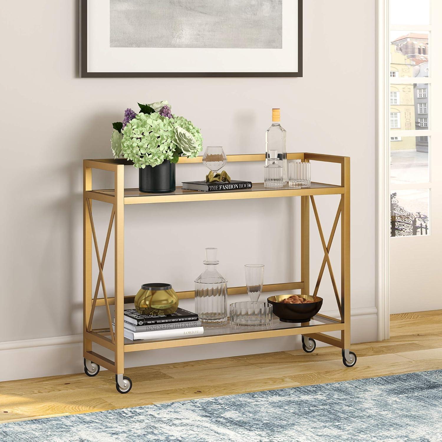 Evelyn&Zoe 38" Brass Metal/Glass Bar Cart