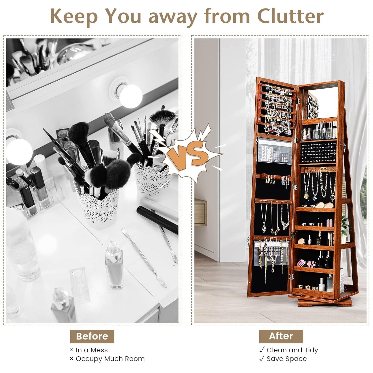 360 Rotating Jewelry Armoire Cabinet, Standing Jewelry Organizer w/Full-Length Mirror & Large Storage Space, Lockable Mirror Jewelry Cabinet for Girls Women (White)