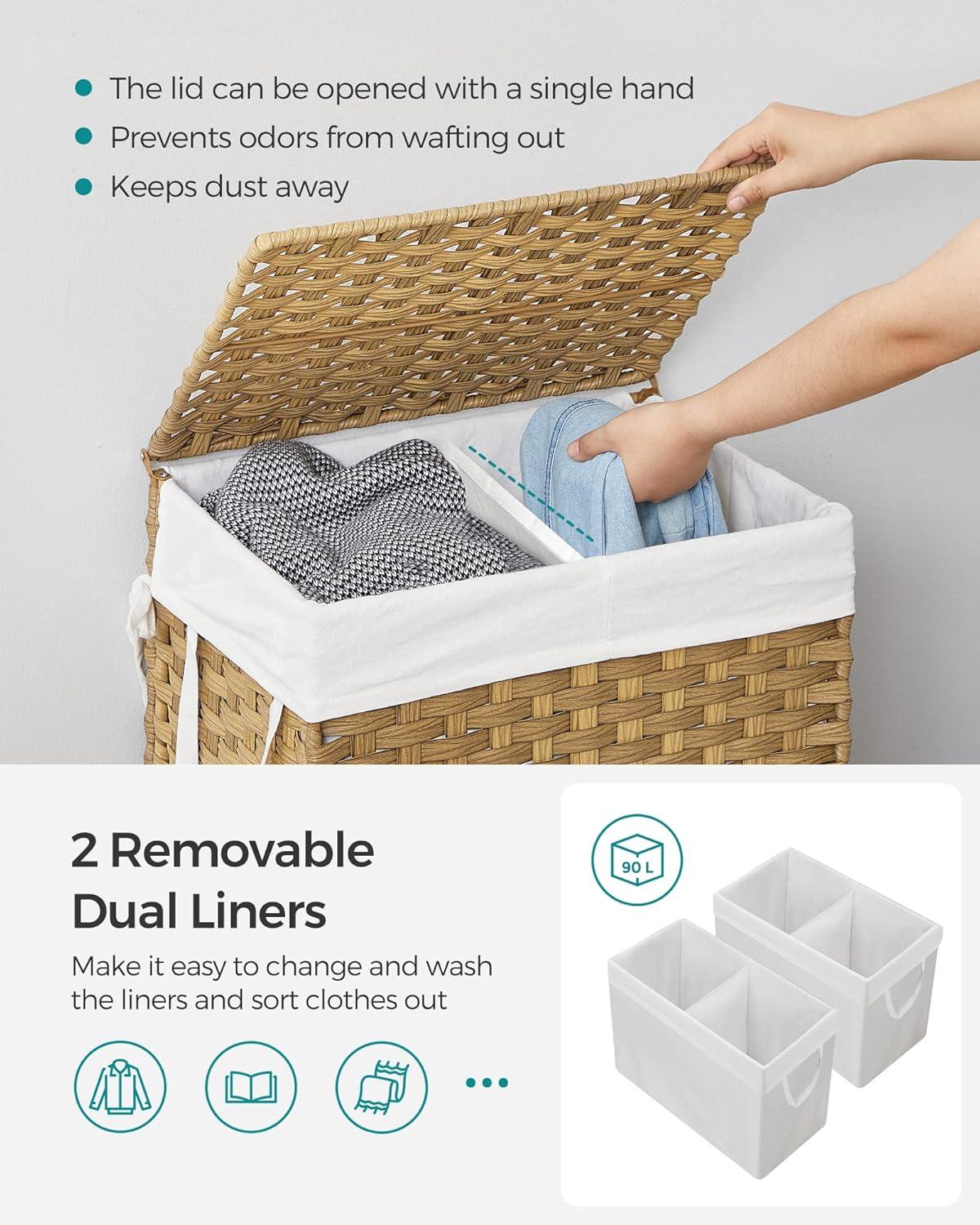 Natural Wicker Collapsible Laundry Hamper with Lid and Liners